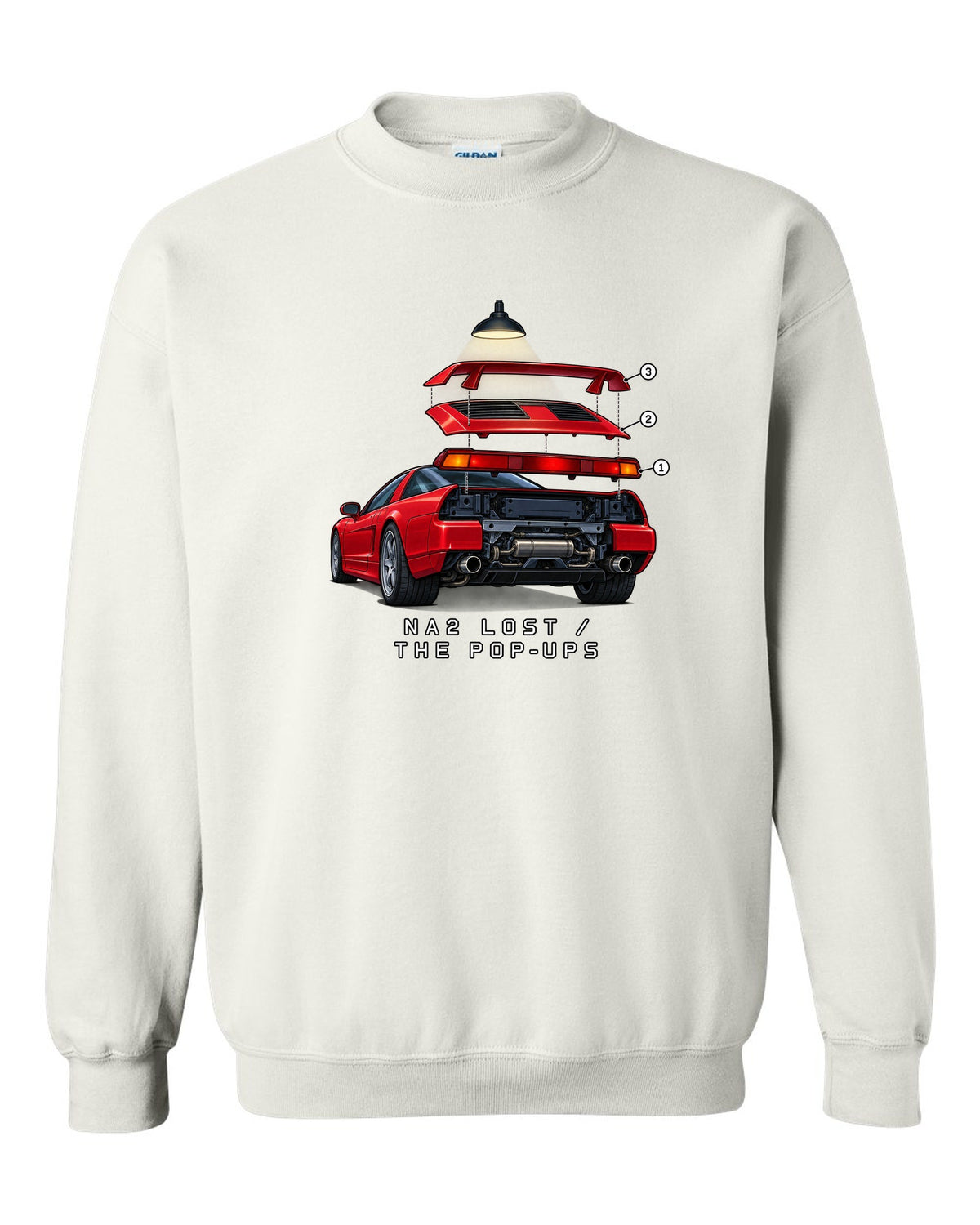 Isometric exploded taillight diagram of a 2002 Honda NSX NA2 with NA2 Lost The Pop-Ups lettering white crewneck front view with the design