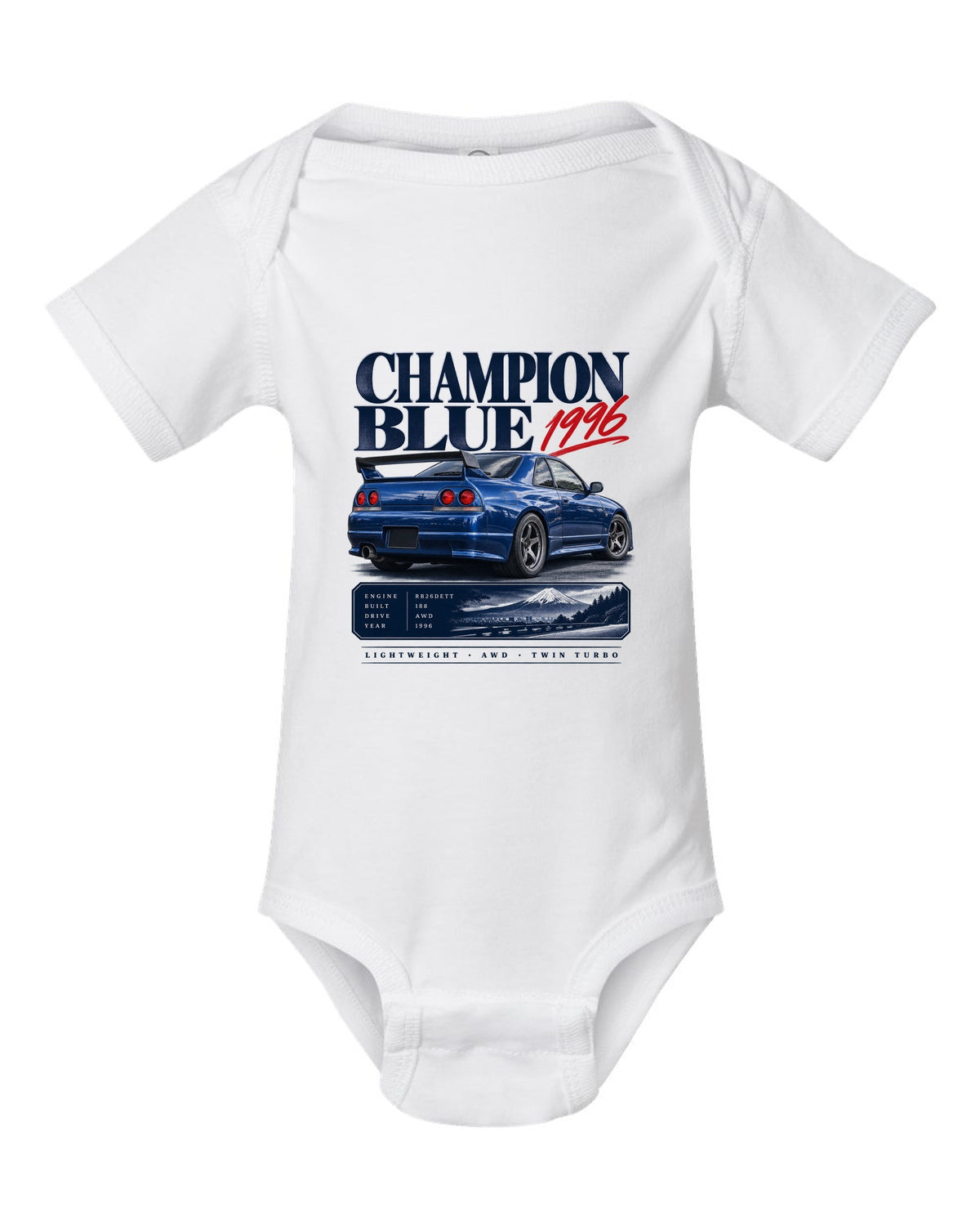 Archive panel of a Nissan Skyline GT-R R33 LM Limited in Champion Blue with 1996 and 188 made lettering white baby onesie front view with the design