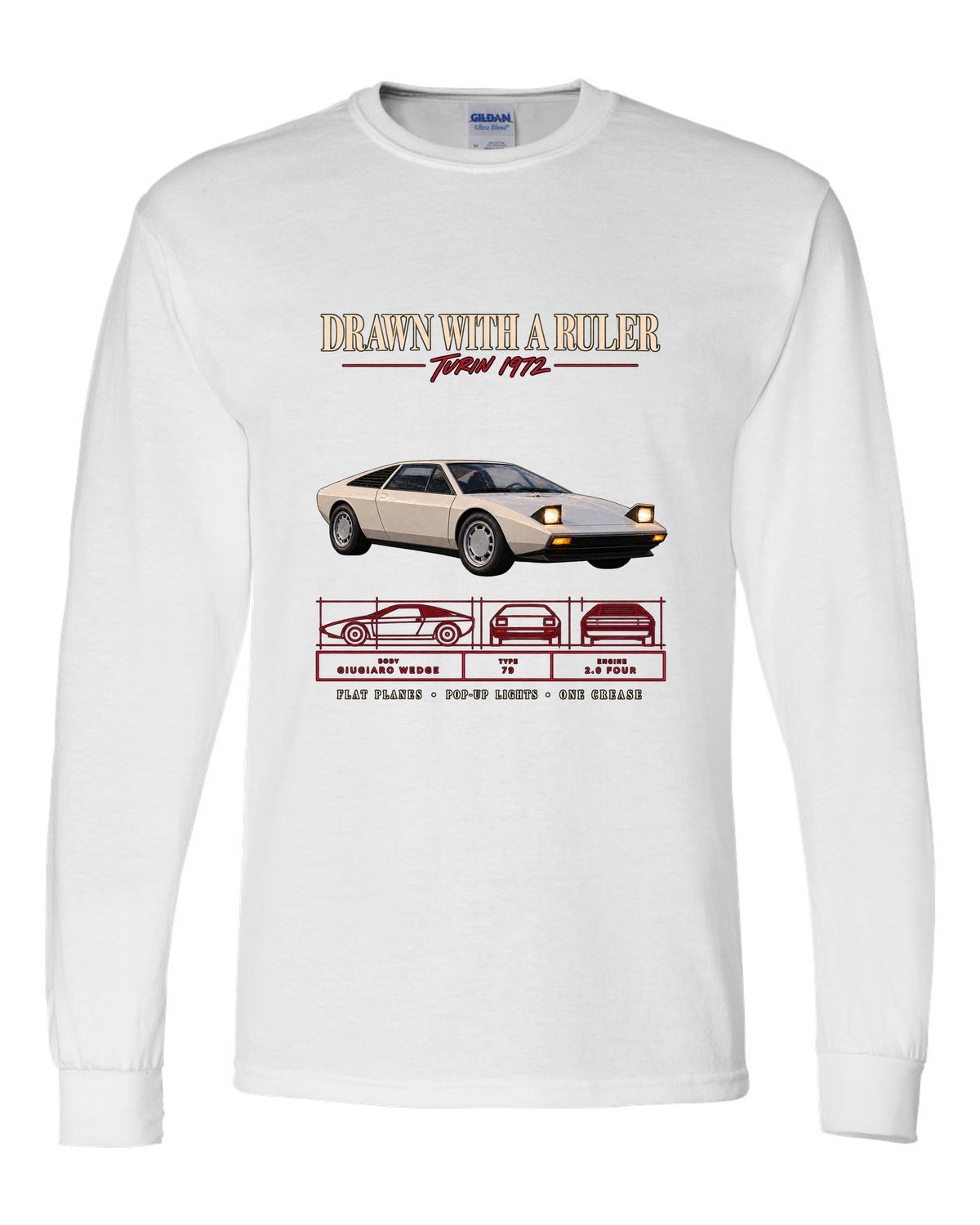 Archive panel print of a 1976 Lotus Esprit S1 Type 79 with Giugiaro wedge text white long sleeve front view with the design