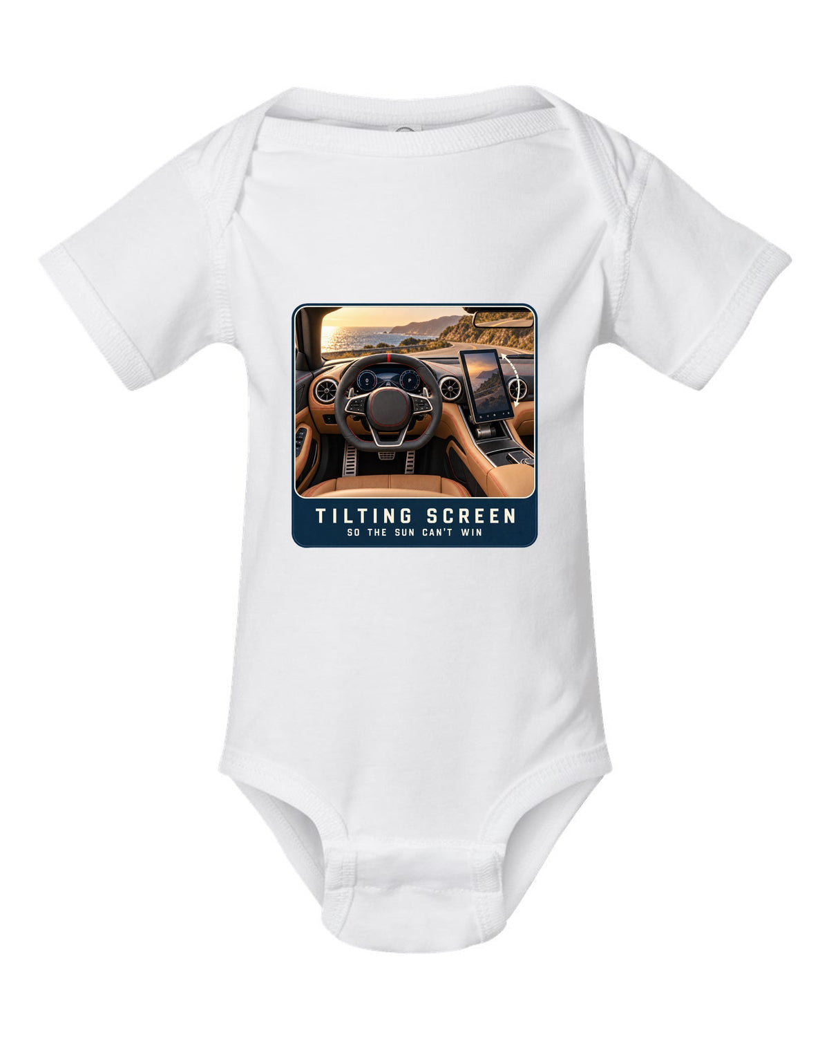 Mercedes-AMG SL63 R232 cockpit driver view with tilting central screen print white baby onesie front view with the design