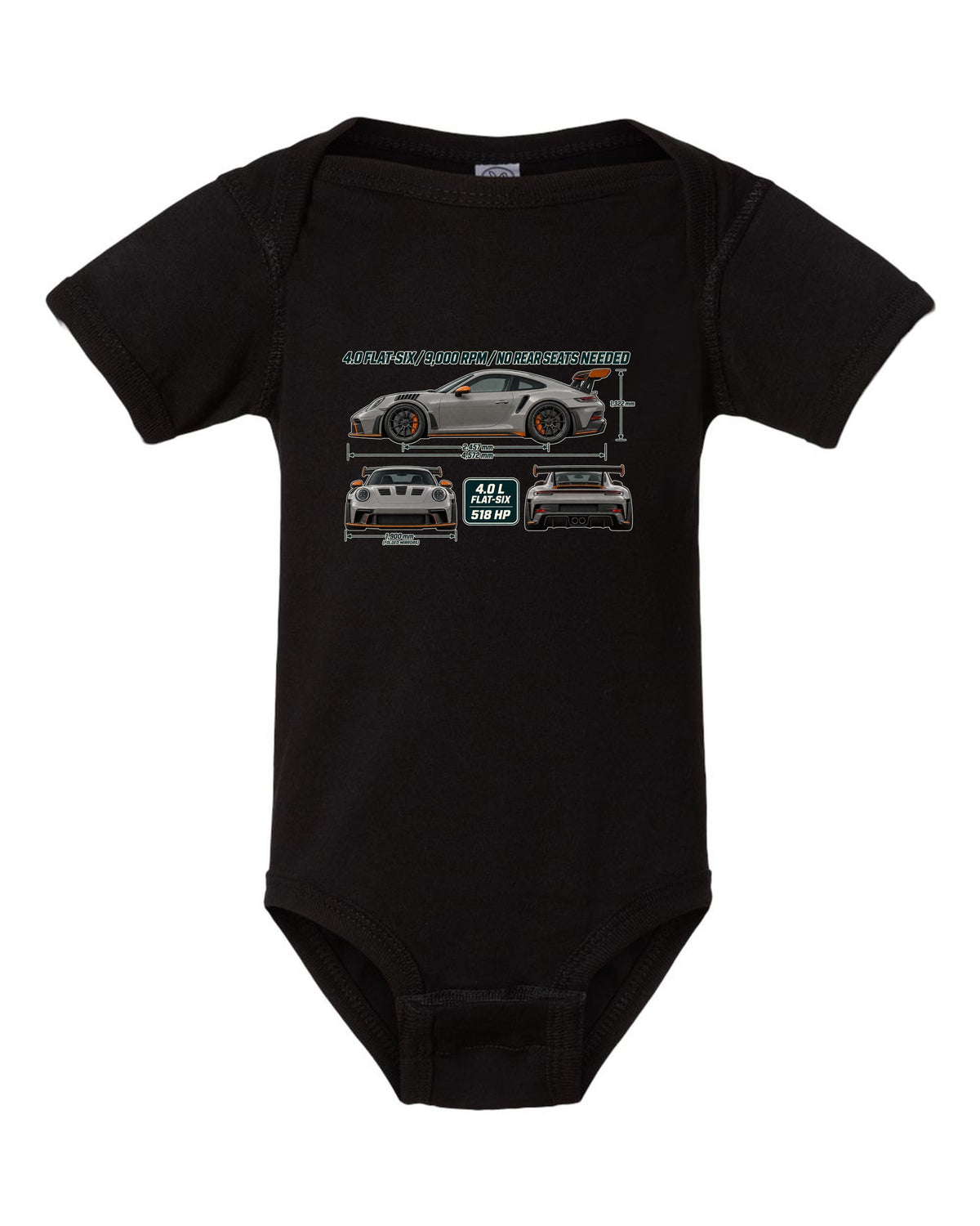 Three-view drawing and spec table of a Porsche 911 GT3 RS 992 in warm grey black baby onesie front view with the design