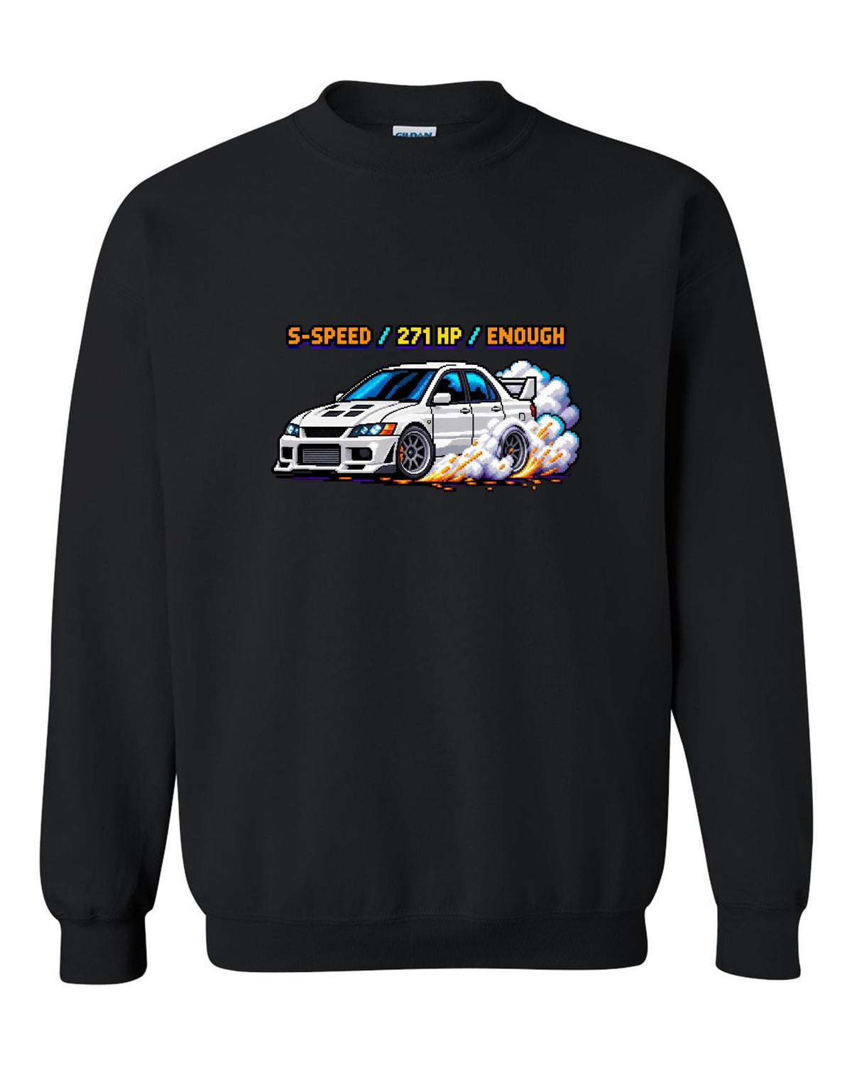 8-bit pixel art Mitsubishi Lancer Evolution VIII CT9A with launch control stats black crewneck front view with the design