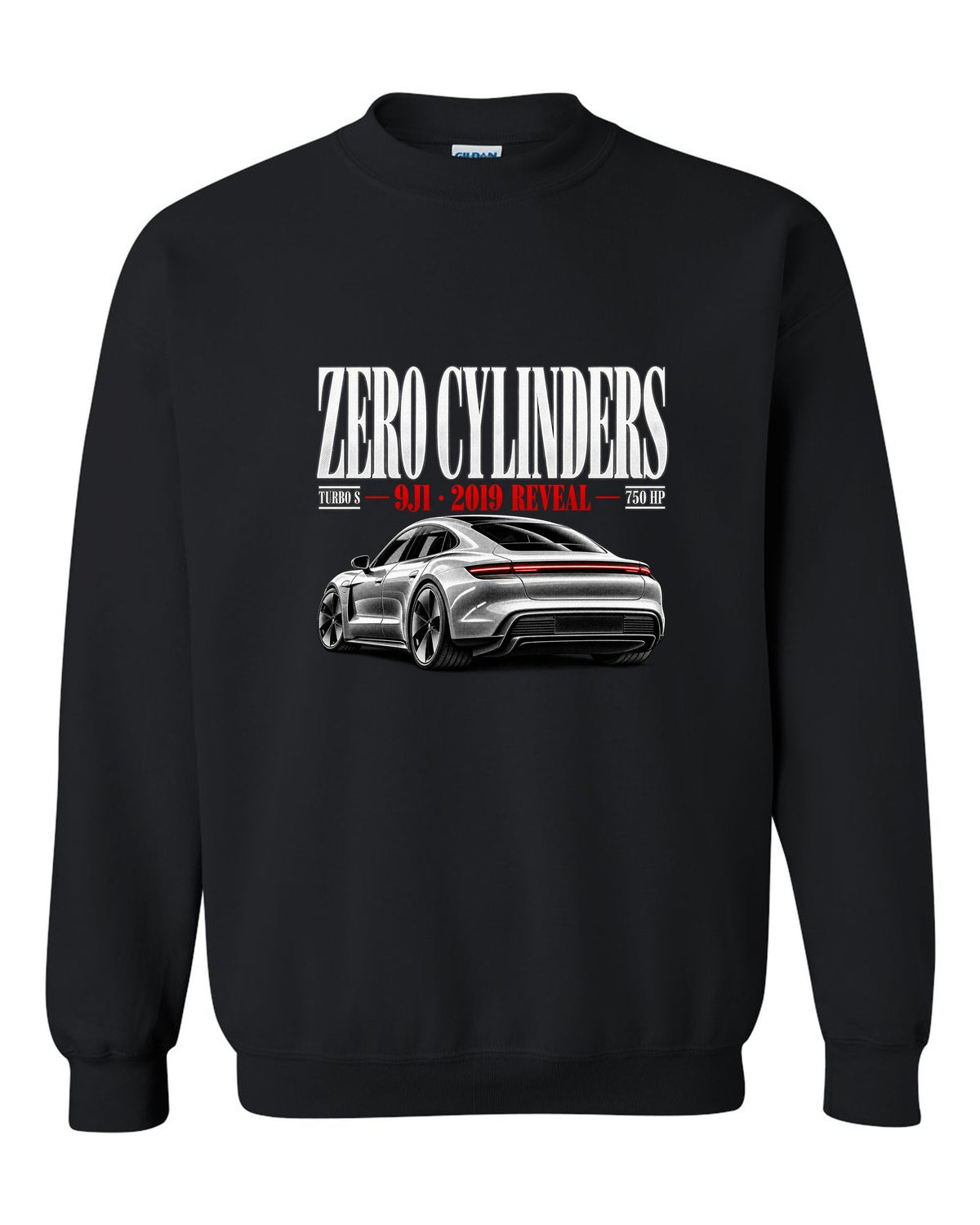 Porsche Taycan Turbo S 9J1 editorial headline with zero cylinders, 2019 reveal, 750 HP black crewneck front view with the design