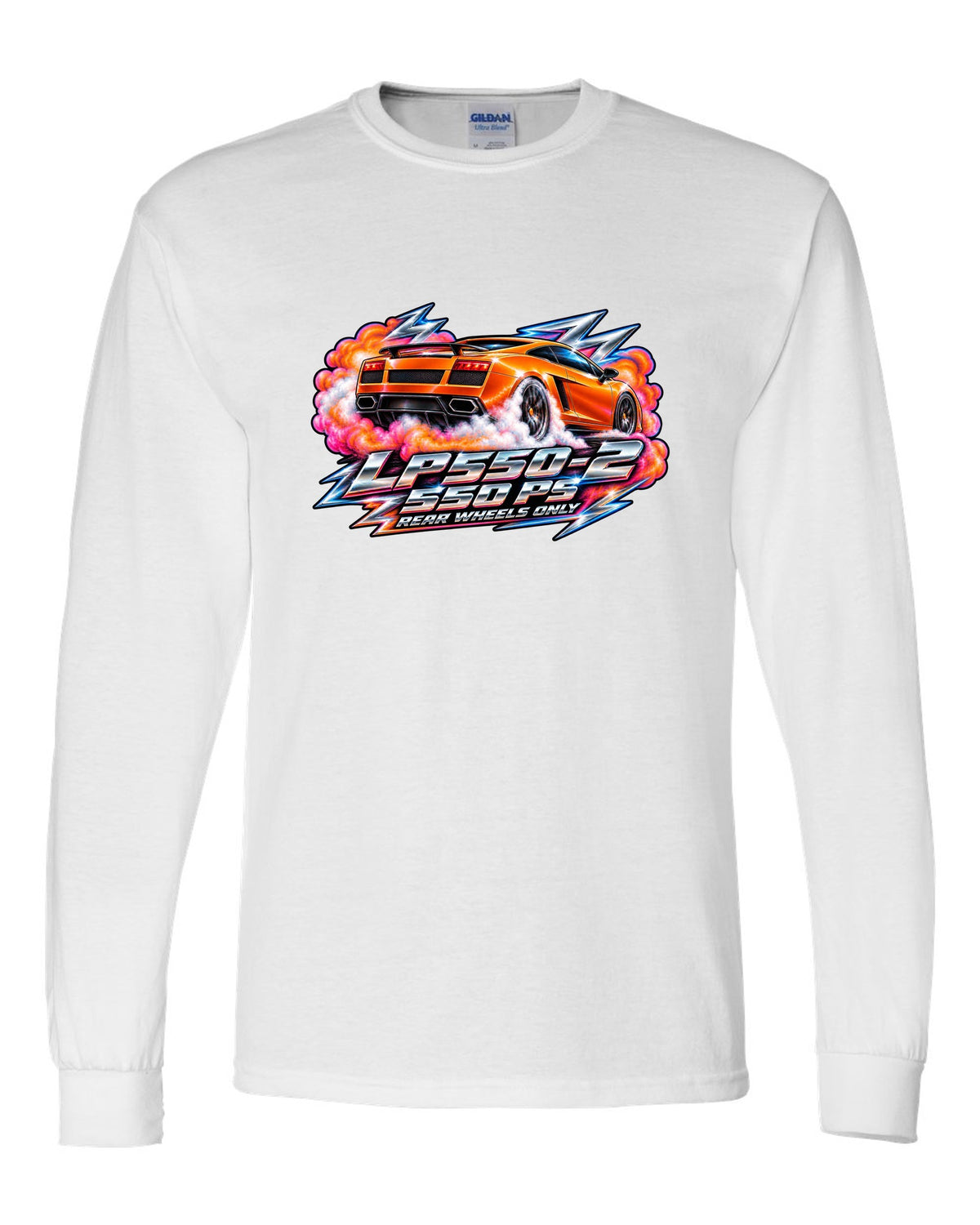 80s airbrush chrome design of a Lamborghini Gallardo LP550-2 with rear wheels only text white long sleeve front view with the design