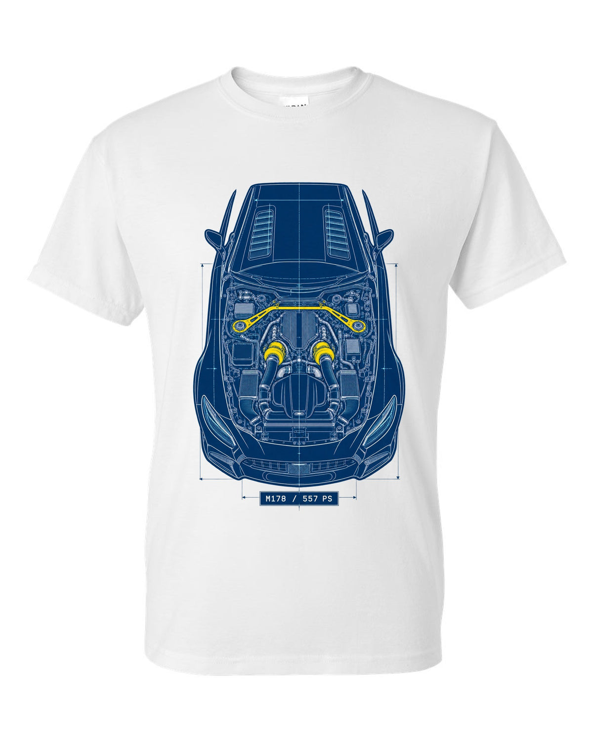 Neon synthwave illustration of Mercedes AMG GT R C190 tail lights with M178 4.0 Biturbo text white t-shirt front view with the design