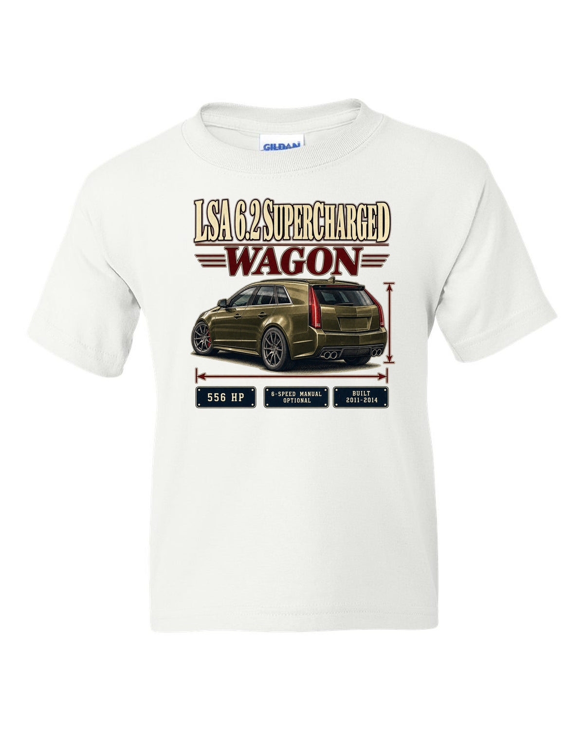 Archive panel print of a 2011-14 Cadillac CTS-V Sport Wagon white kids tee front view with the design