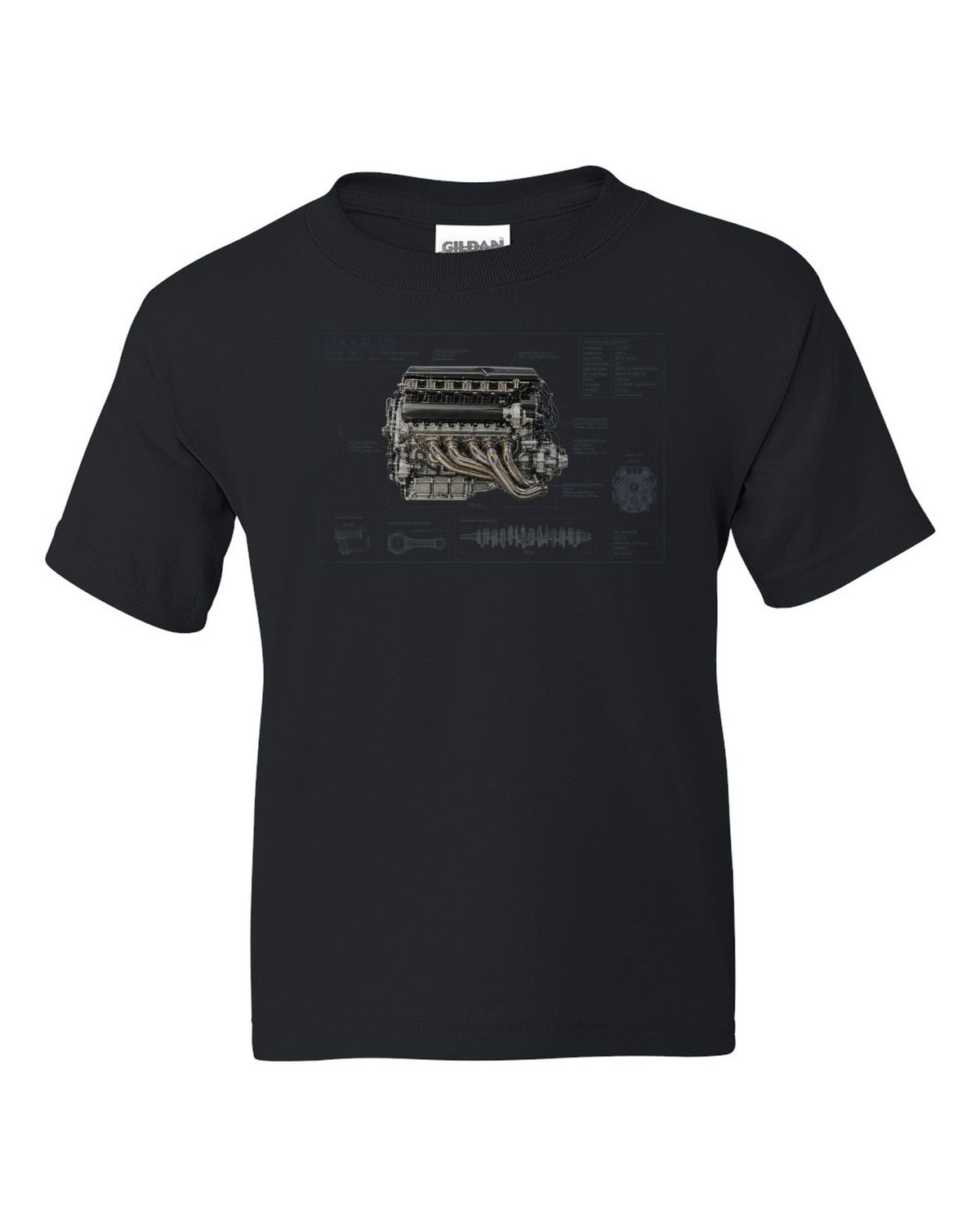 Aero cutaway callouts on the Lexus LFA Nurburgring Package black kids tee front view with the design