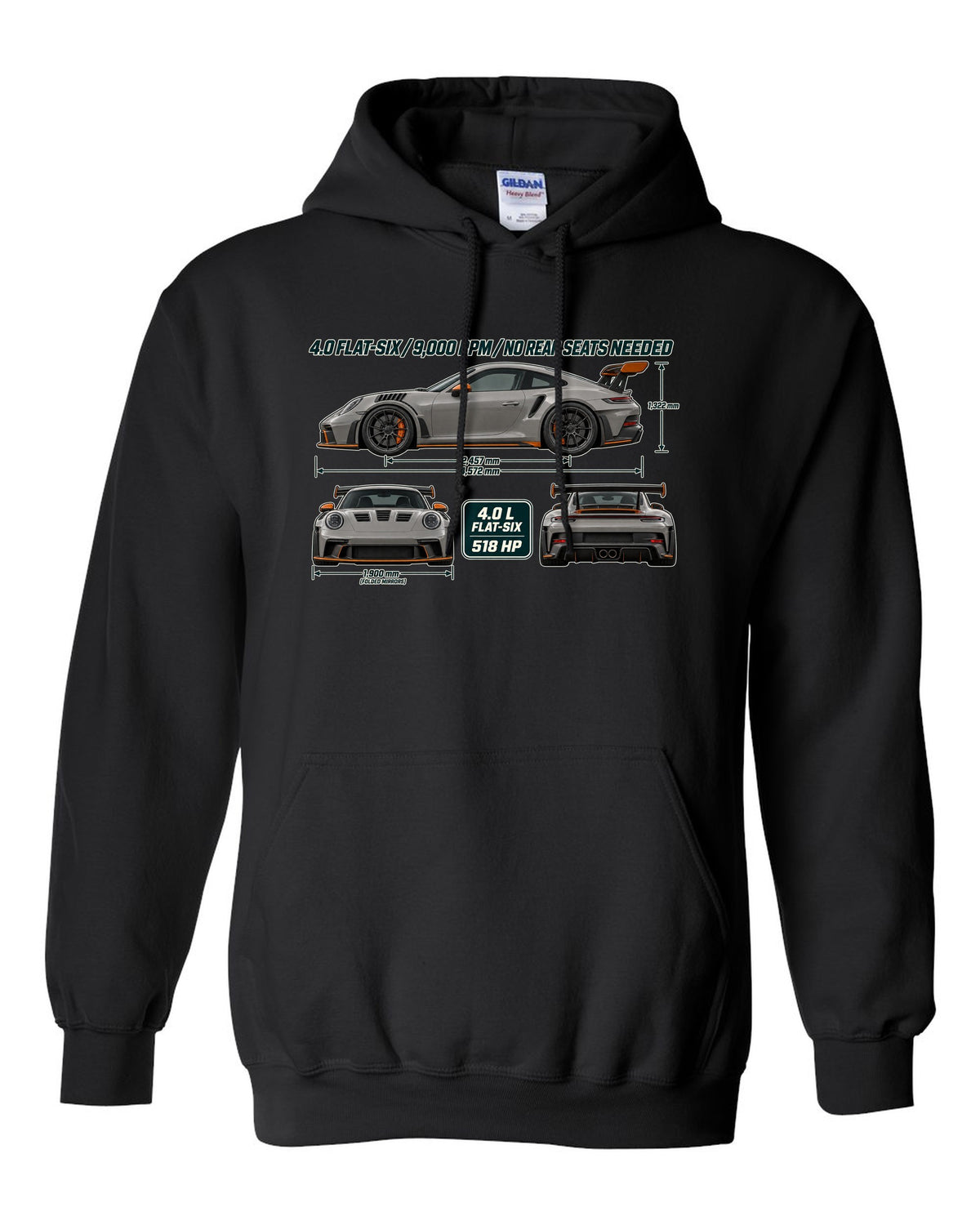 Three-view drawing and spec table of a Porsche 911 GT3 RS 992 in warm grey black pull over hoodie front view with the design