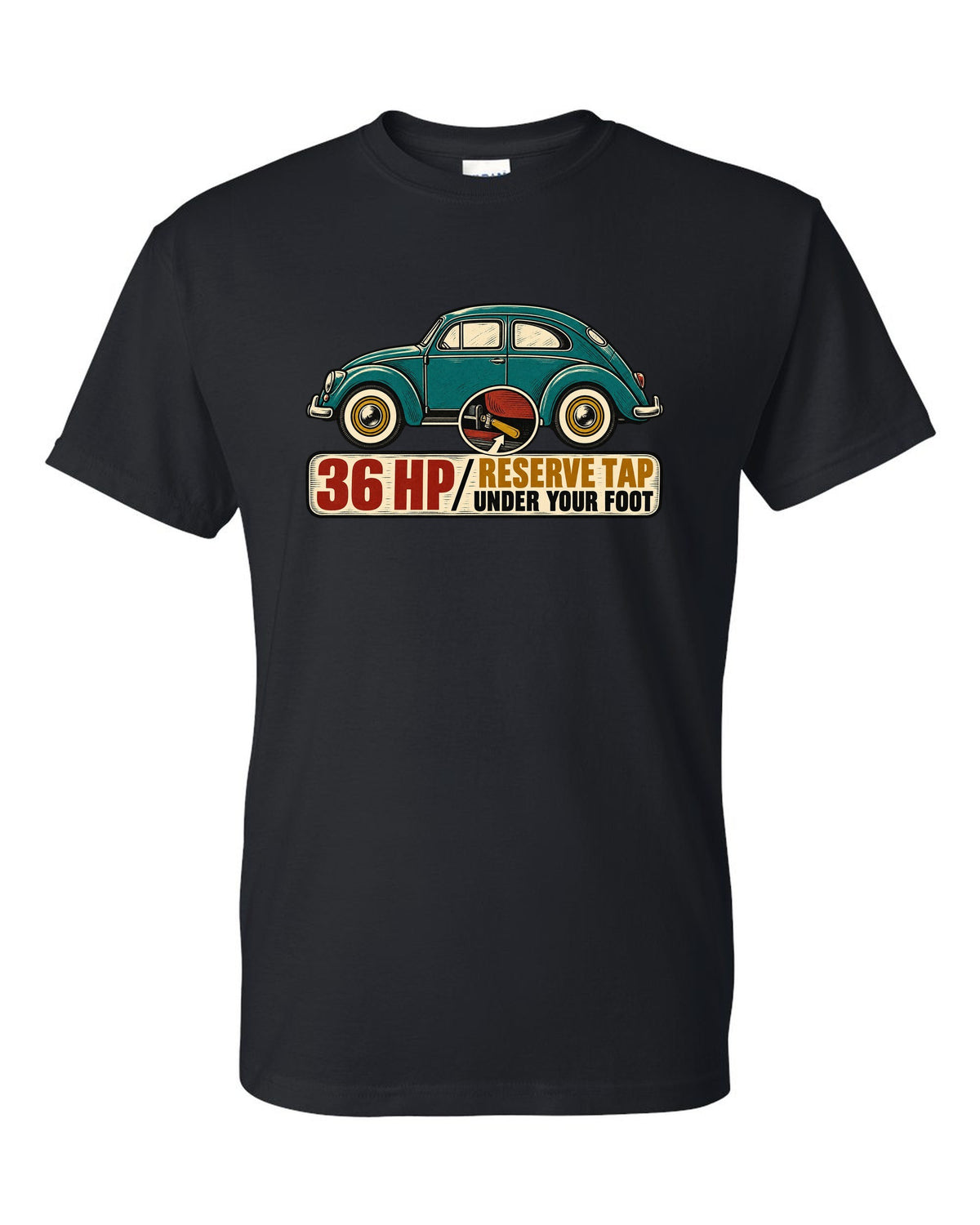 Multi-colour linocut of a 1955 oval-window VW Beetle with reserve tap lettering black t-shirt front view with the design
