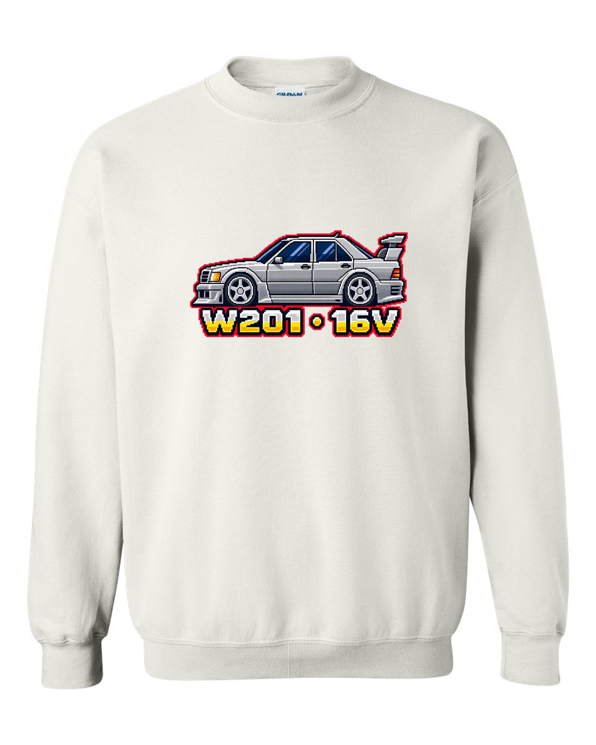 Mercedes 190E Evo II W201 16-Bit Pixel Art Tee, Car white crewneck front view with the design