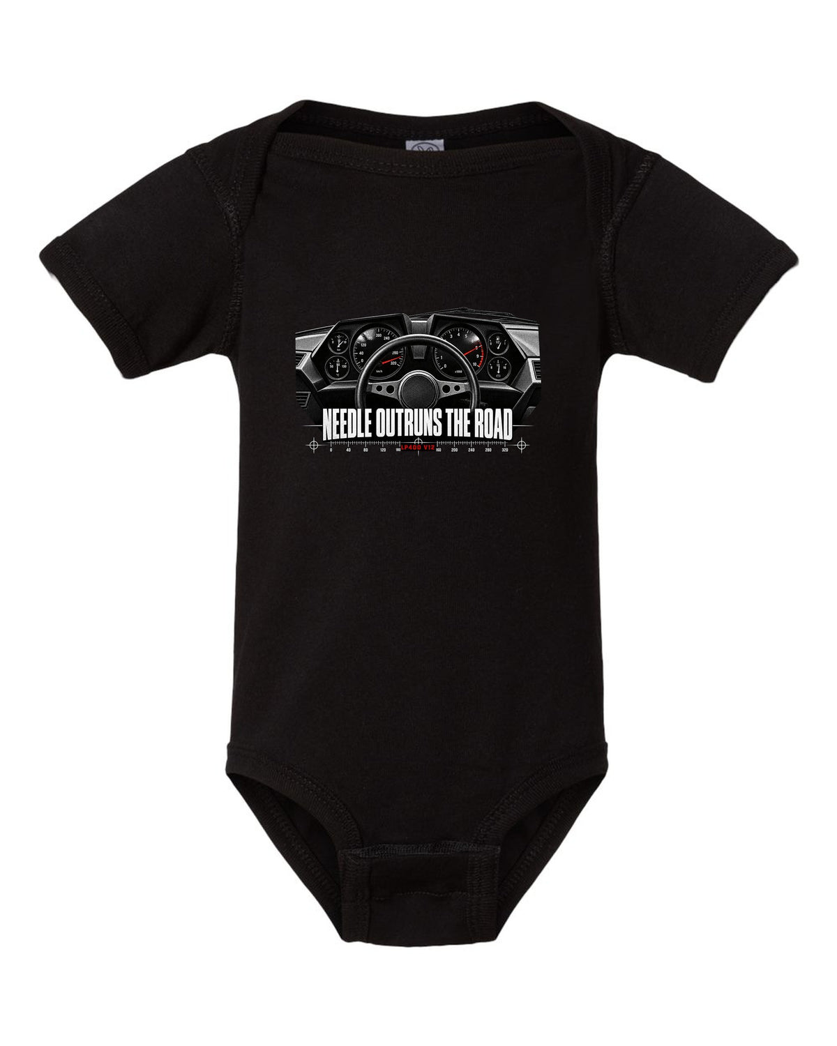 Cockpit gauge print of a Lamborghini Countach LP400 interior with needle outruns the road text black baby onesie front view with the design