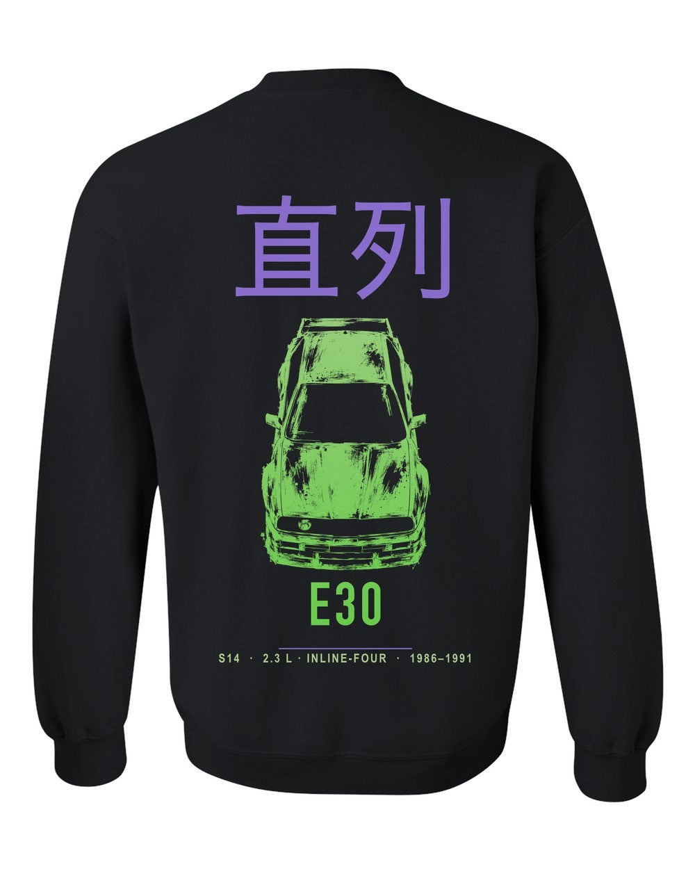 E30 full-back artwork black crewneck back view with the design