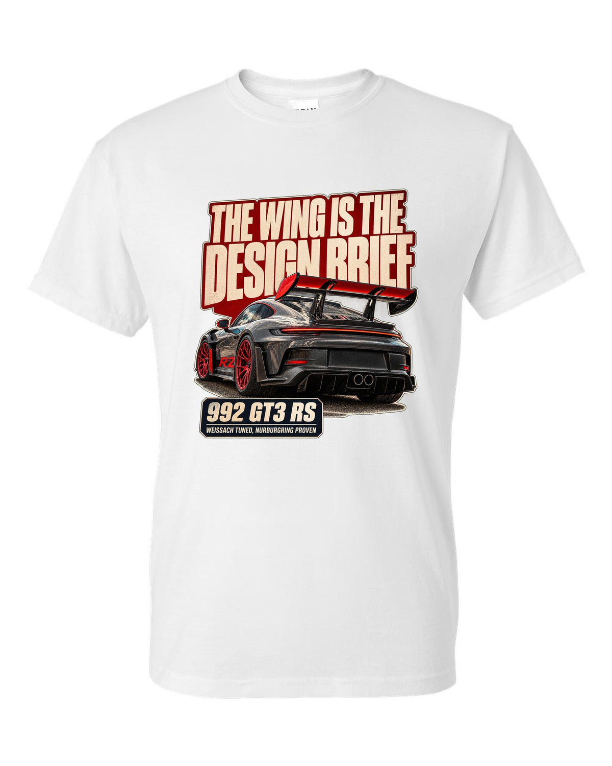Porsche 992 GT3 RS editorial headline print design white t-shirt front view with the design