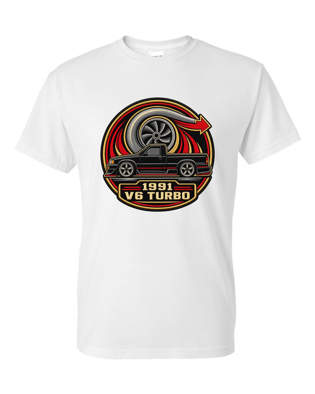 Varsity round embroidery-style design for a 1991 GMC Syclone reading 1991 / V6 TURBO white t-shirt front view with the design