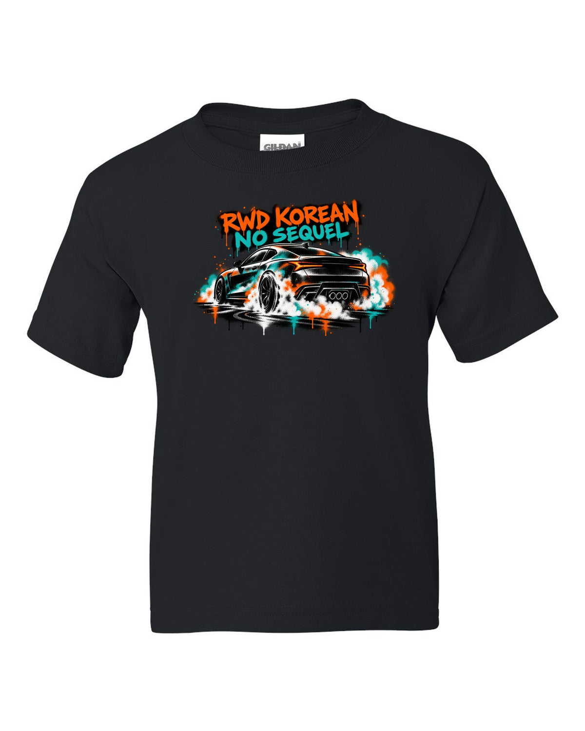 Hyundai Genesis Coupe BK2 stencil spray burnout print with RWD Korean no sequel text black kids tee front view with the design