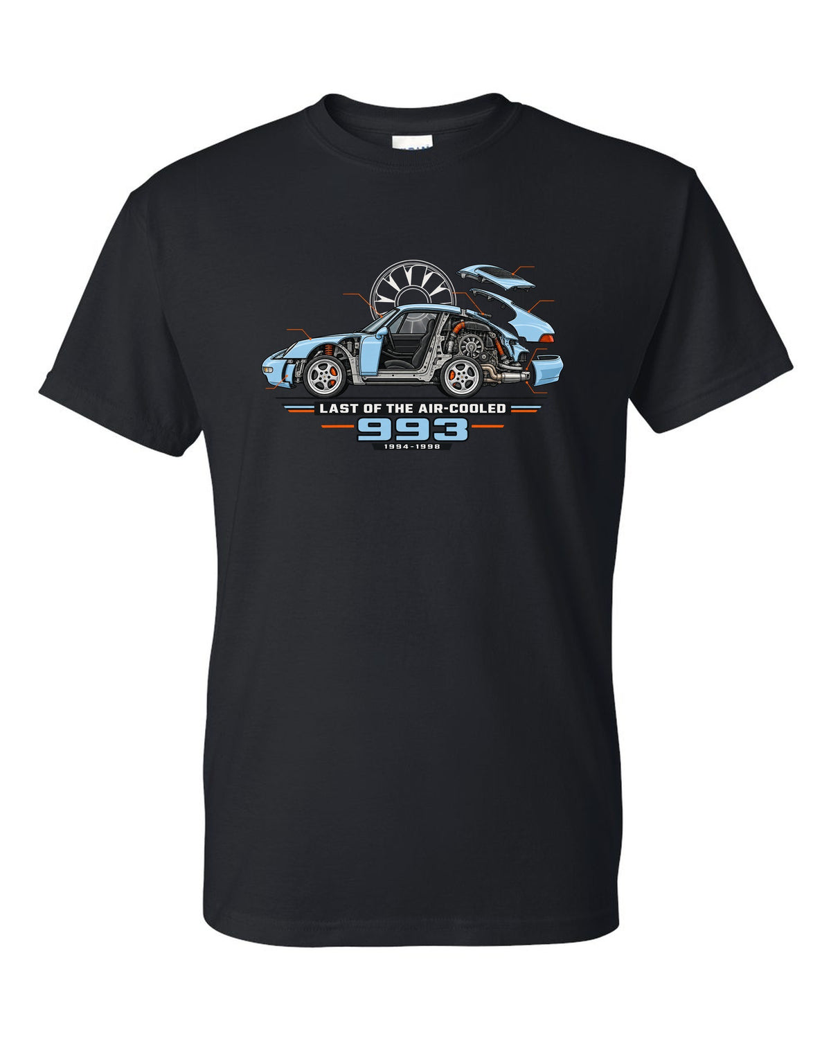 Architectural cutaway drawing of a Porsche 911 993 on a shirt back black t-shirt front view with the design