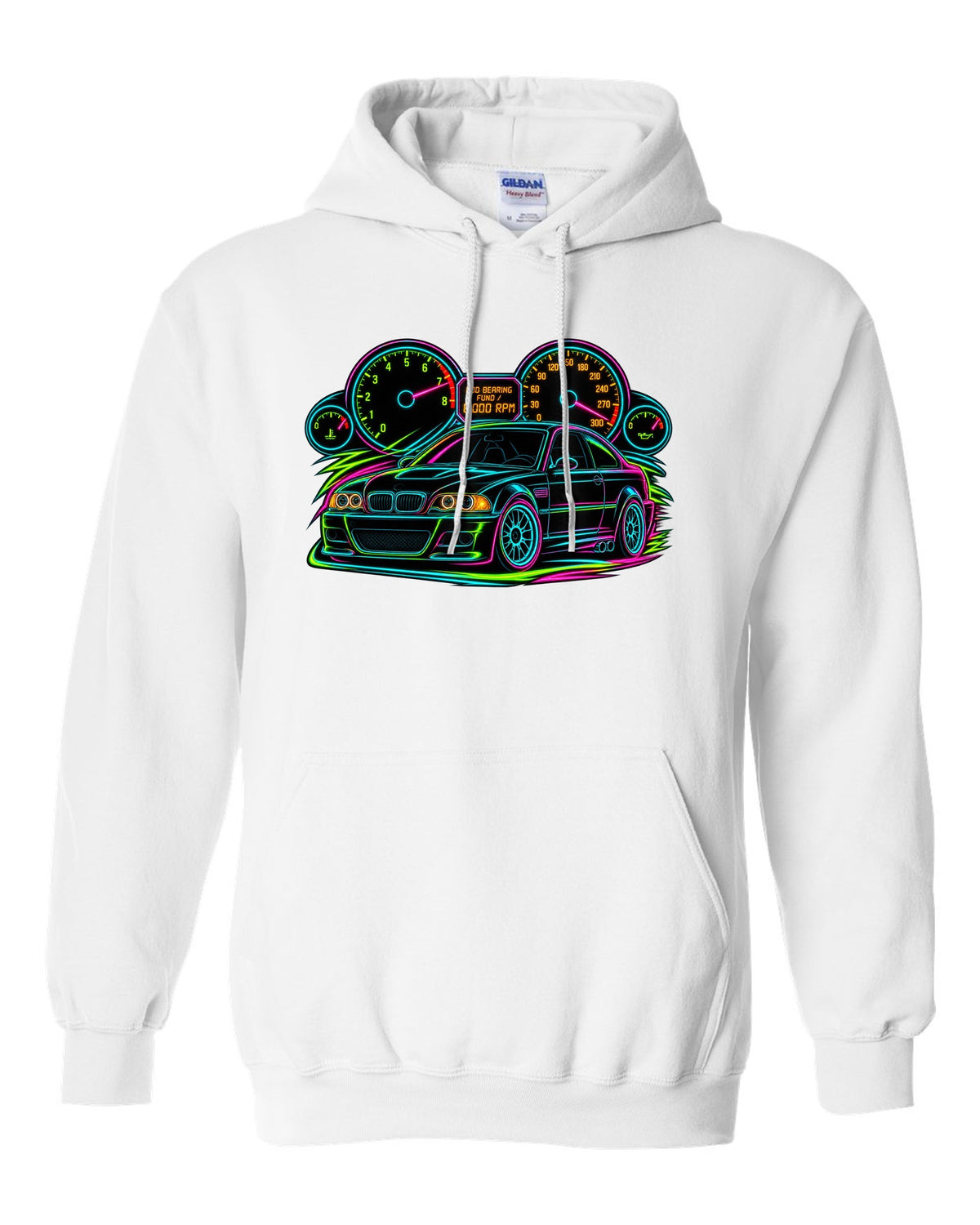 Neon line art redline gauge of a BMW E46 M3 coupe with 8,000 RPM and rod bearing fund text white pull over hoodie front view with the design