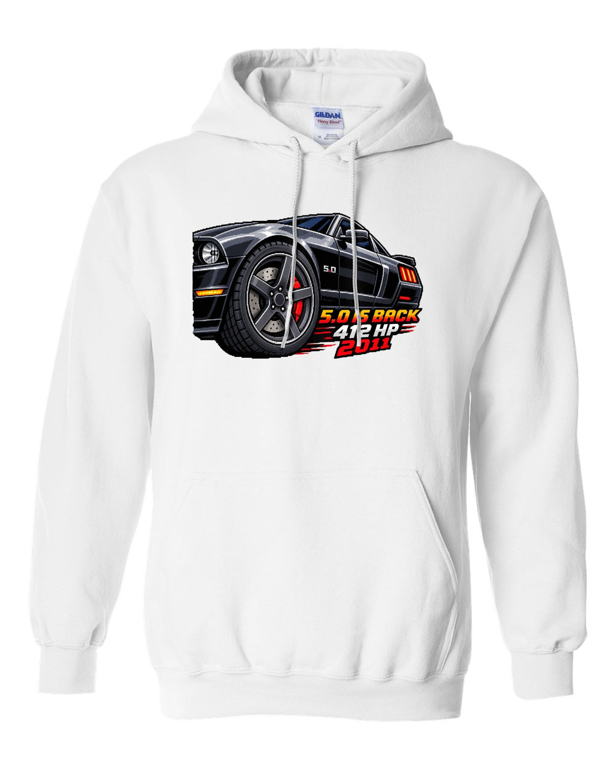 16-bit pixel art print of a Ford Mustang S197 GT wheel with 5.0 is back 412 HP text white pull over hoodie front view with the design