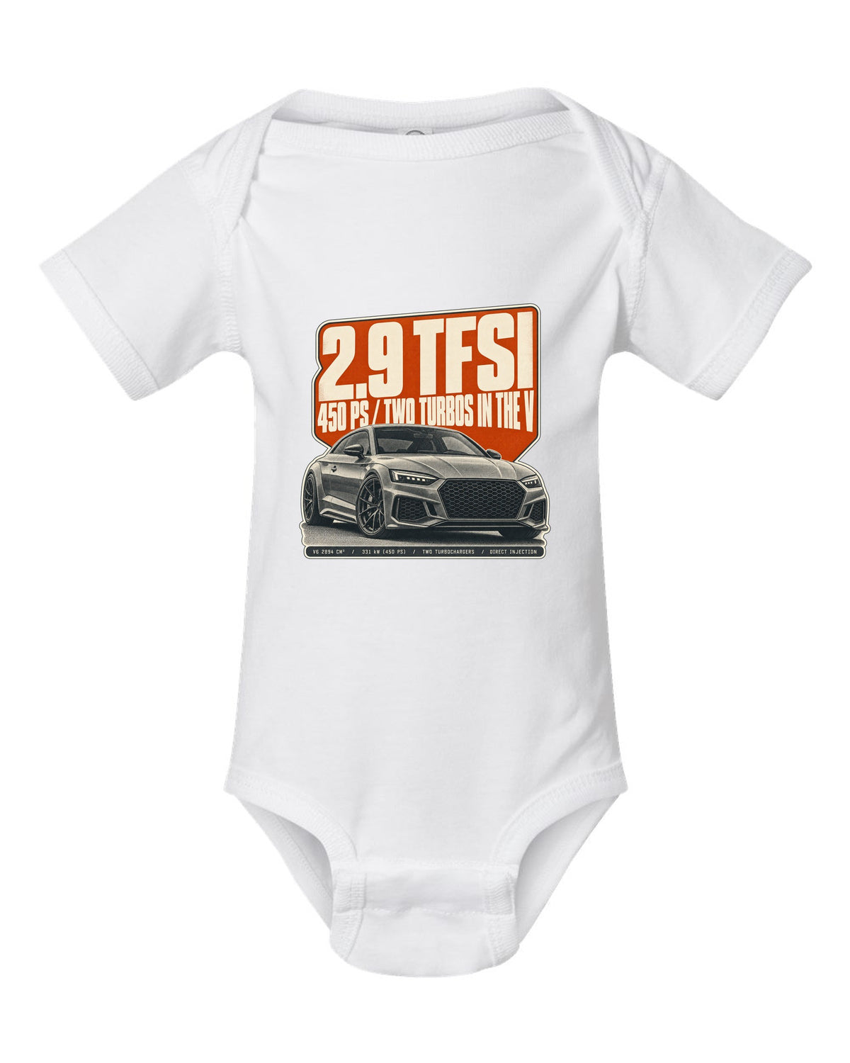 Halftone print of an Audi RS5 Coupe B9 with 2.9 TFSI and 450 PS text white baby onesie front view with the design