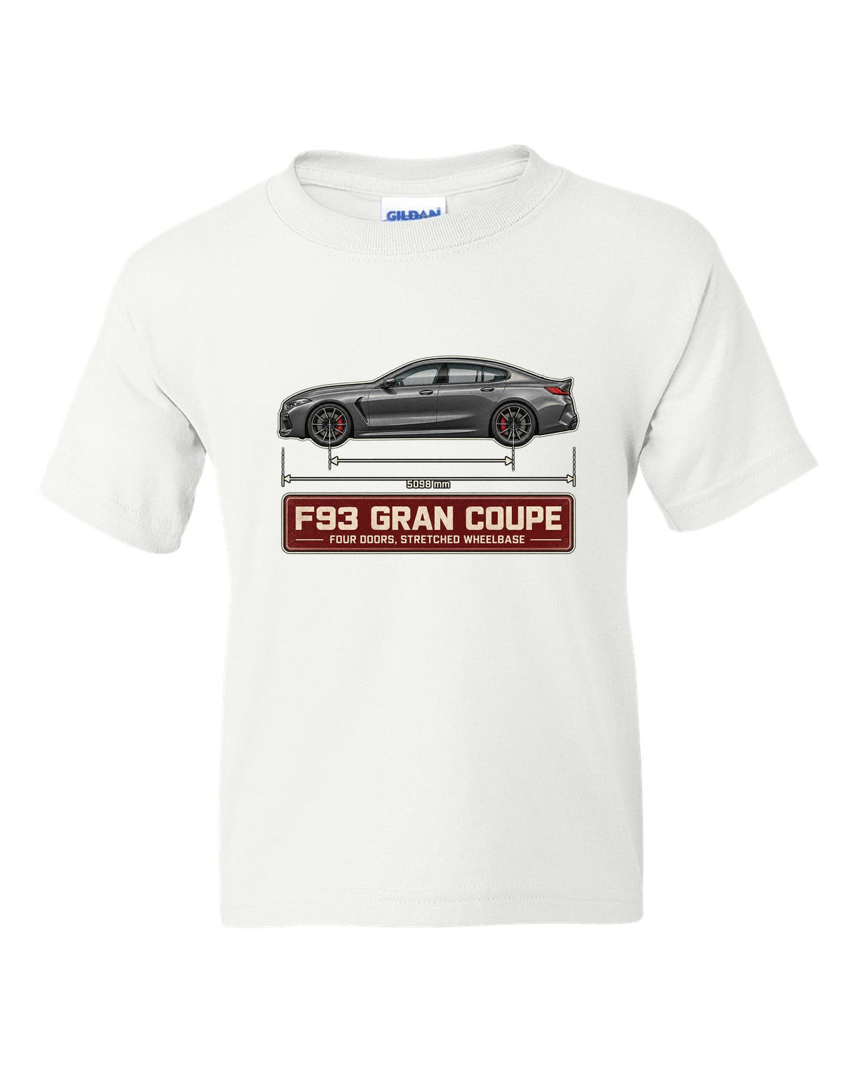 BMW M8 Competition Gran Coupe F93 blueprint print on a tee white kids tee front view with the design