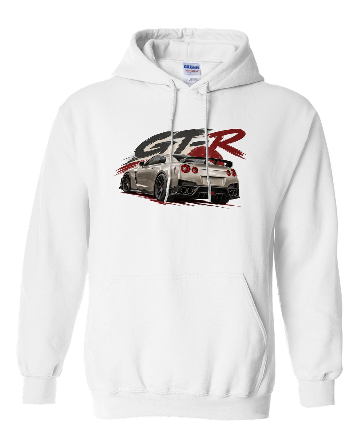 Nissan GT-R R35 VR38DETT engine drawn as a poster-style hero white pull over hoodie front view with the design