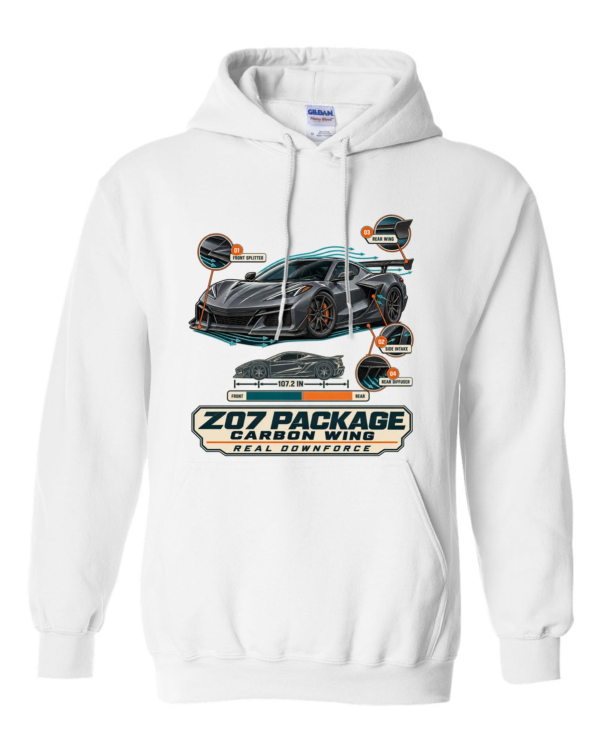 Aero callouts print of a Chevrolet Corvette C8 Z06 with Z07 package and carbon wing white pull over hoodie front view with the design