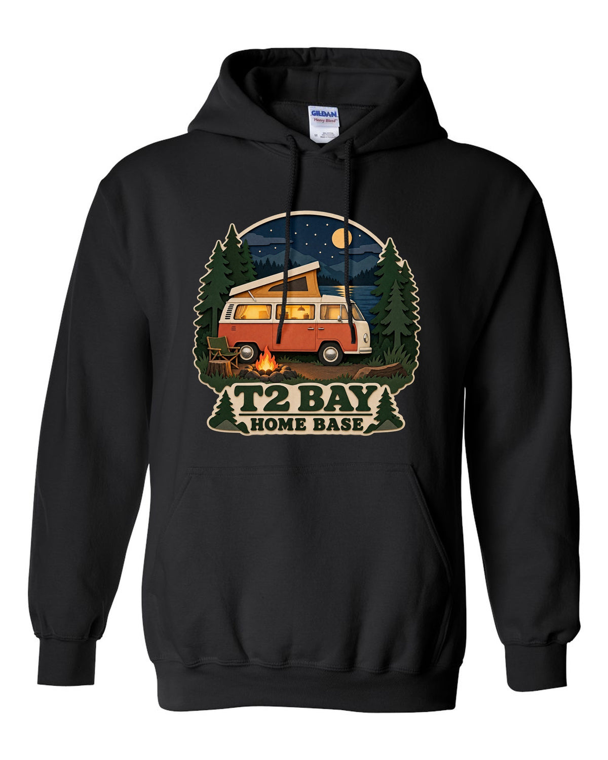 Layered paper-cutout shadow box print of a VW Bus T2 bay-window at a night camp black pull over hoodie front view with the design