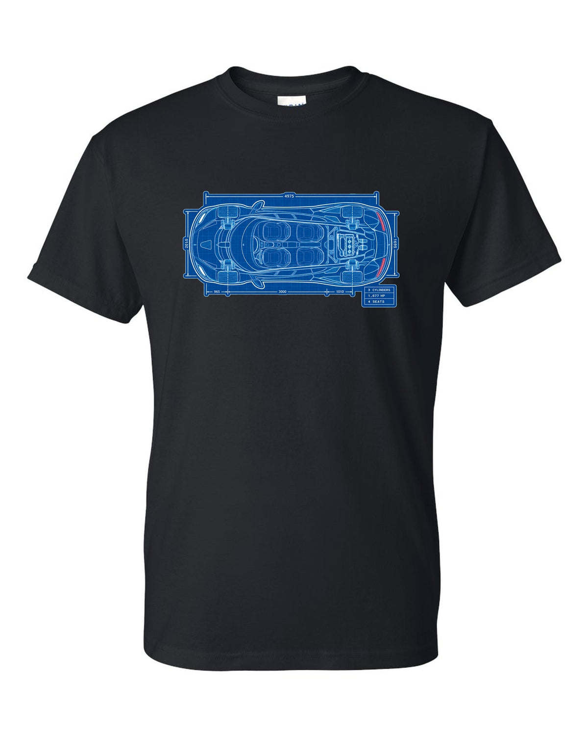 Technical blueprint print of the Koenigsegg Gemera seen from above with 3 cylinders and 4 seats lettering black t-shirt front view with the design