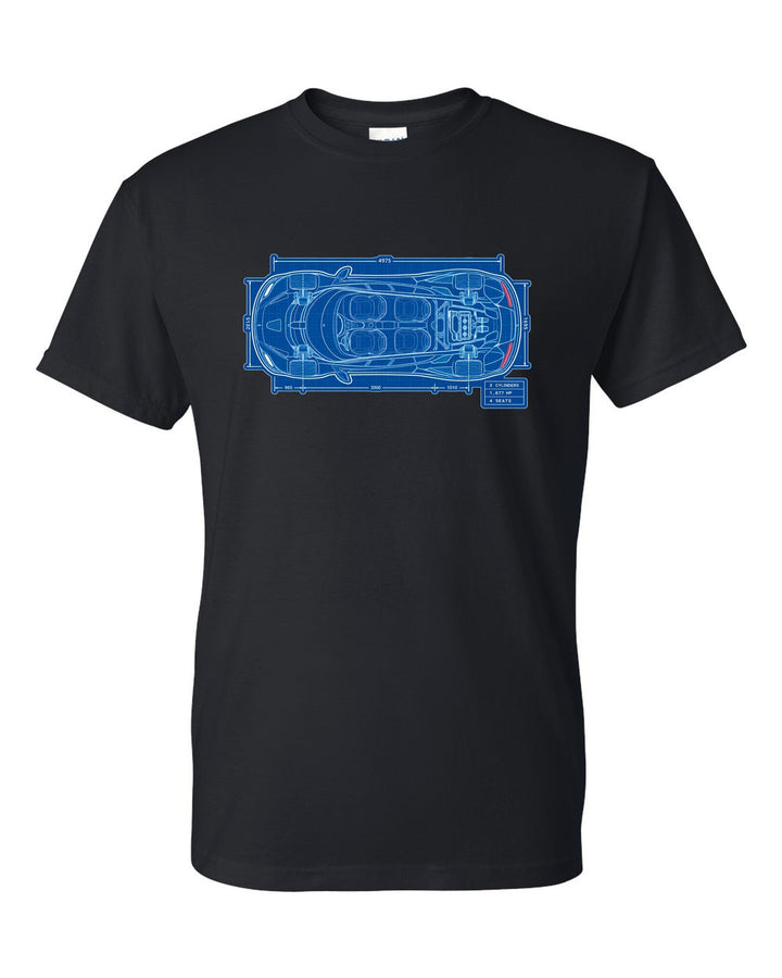 Technical blueprint print of the Koenigsegg Gemera seen from above with 3 cylinders and 4 seats lettering black t-shirt front view with the design