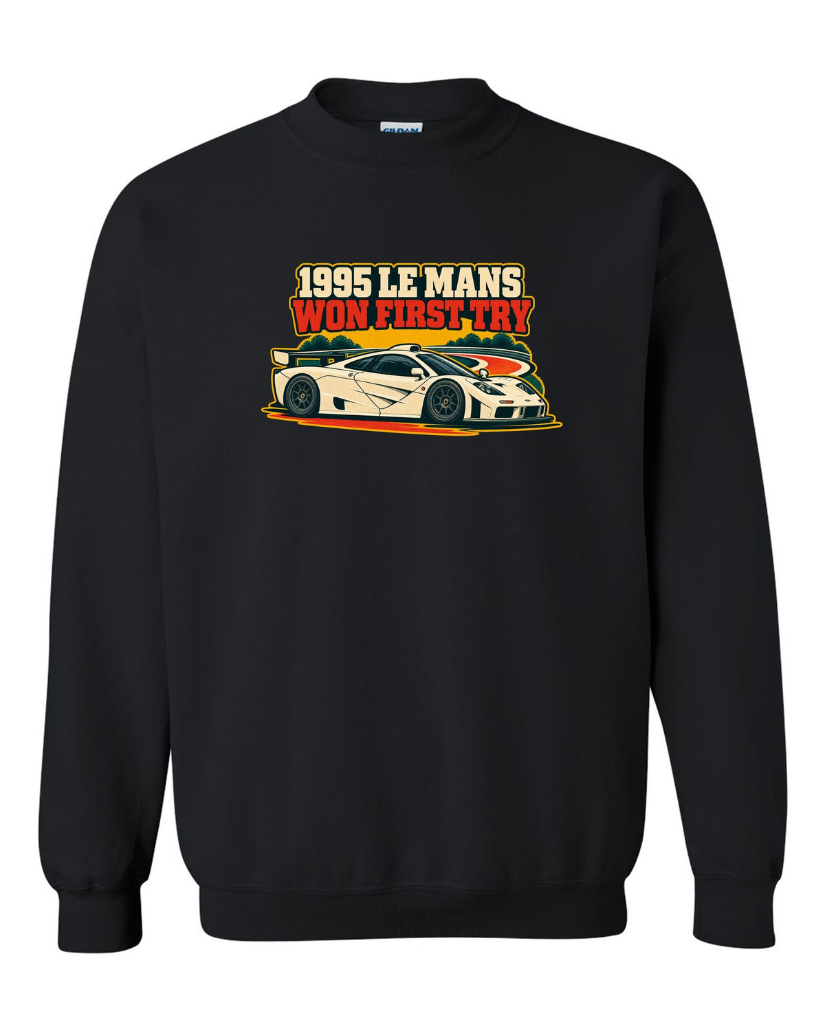 Vintage race poster print of the McLaren F1 GTR with 1995 Le Mans Won First Try lettering black crewneck front view with the design