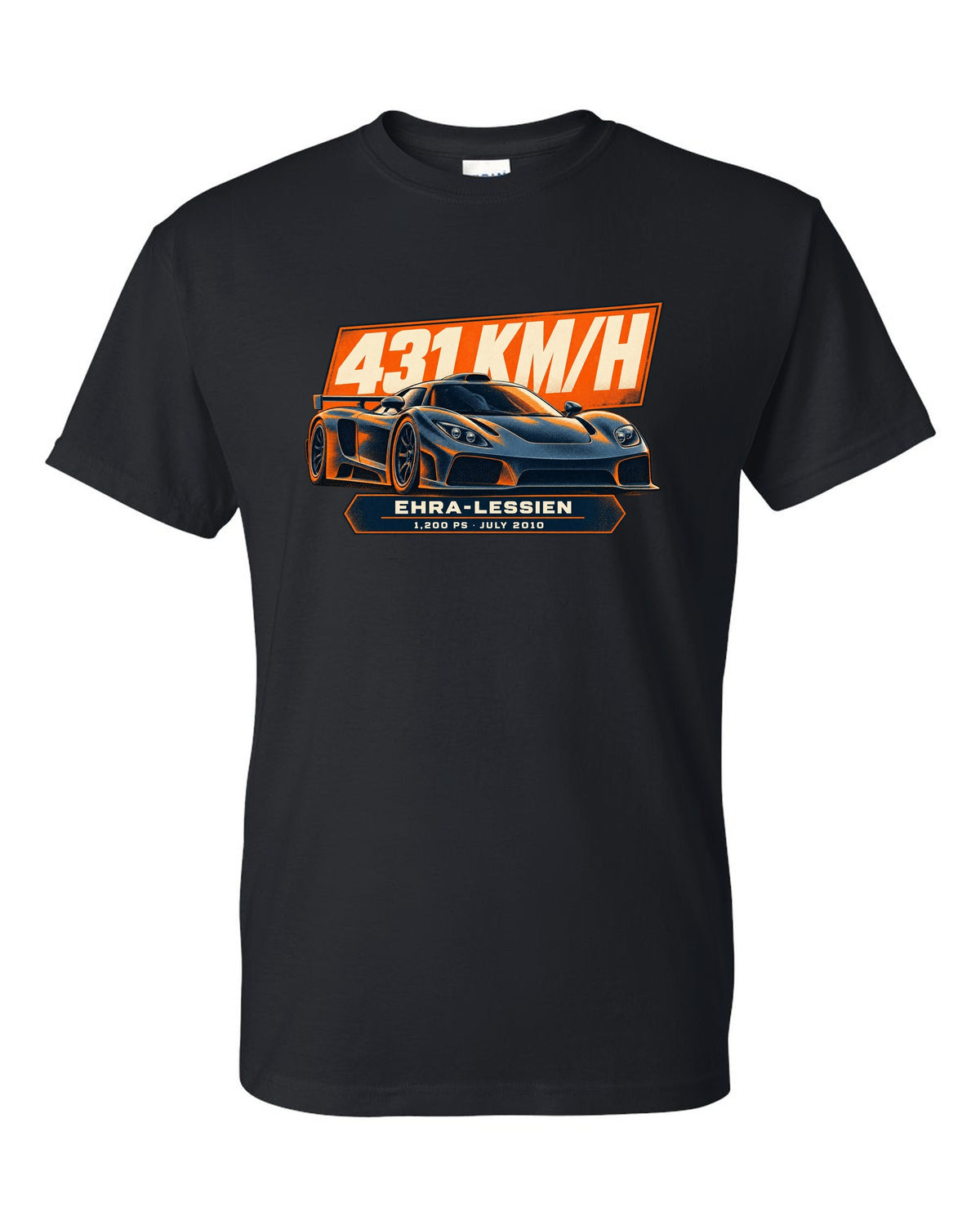 Halftone poster-style Bugatti Veyron 16.4 Super Sport with record-run text on the front of a tee black t-shirt front view with the design
