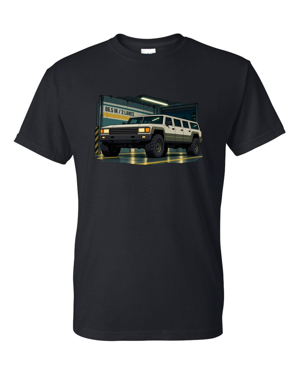 Cel-shaded 90s anime style Hummer H1 in a garage with 86.5 IN and 2 LANES text black t-shirt front view with the design