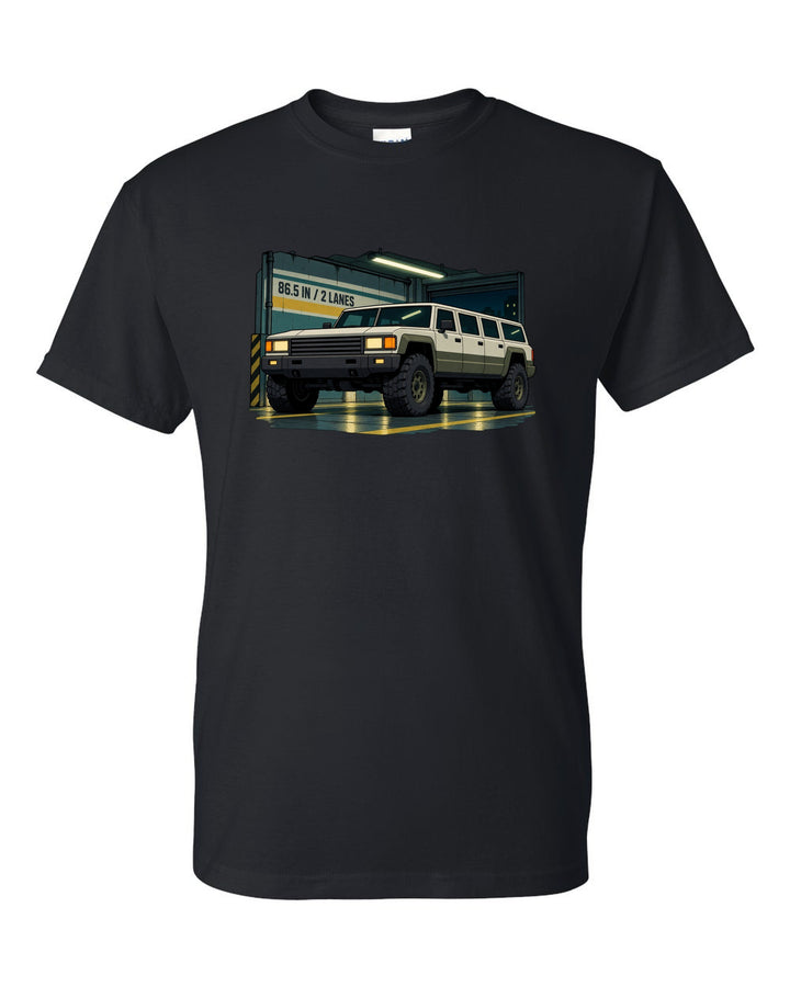 Cel-shaded 90s anime style Hummer H1 in a garage with 86.5 IN and 2 LANES text black t-shirt front view with the design