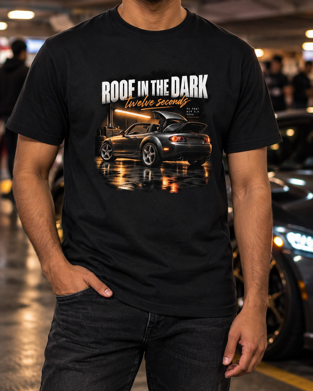 Mazda MX-5 NC PRHT Garage Night Tee, Miata Hardtop Shirt T-Shirt Black worn hero
