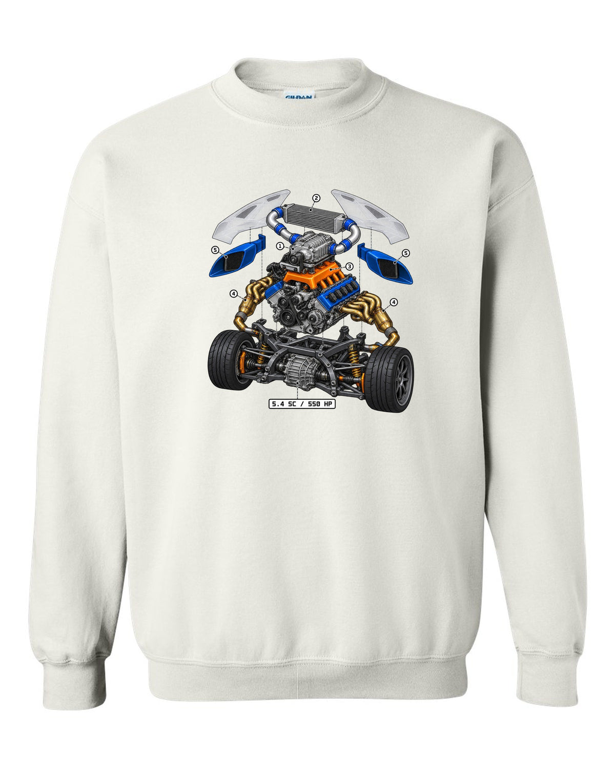 Ford GT 2005-2006 supercharged V8 in an isometric exploded view print white crewneck front view with the design