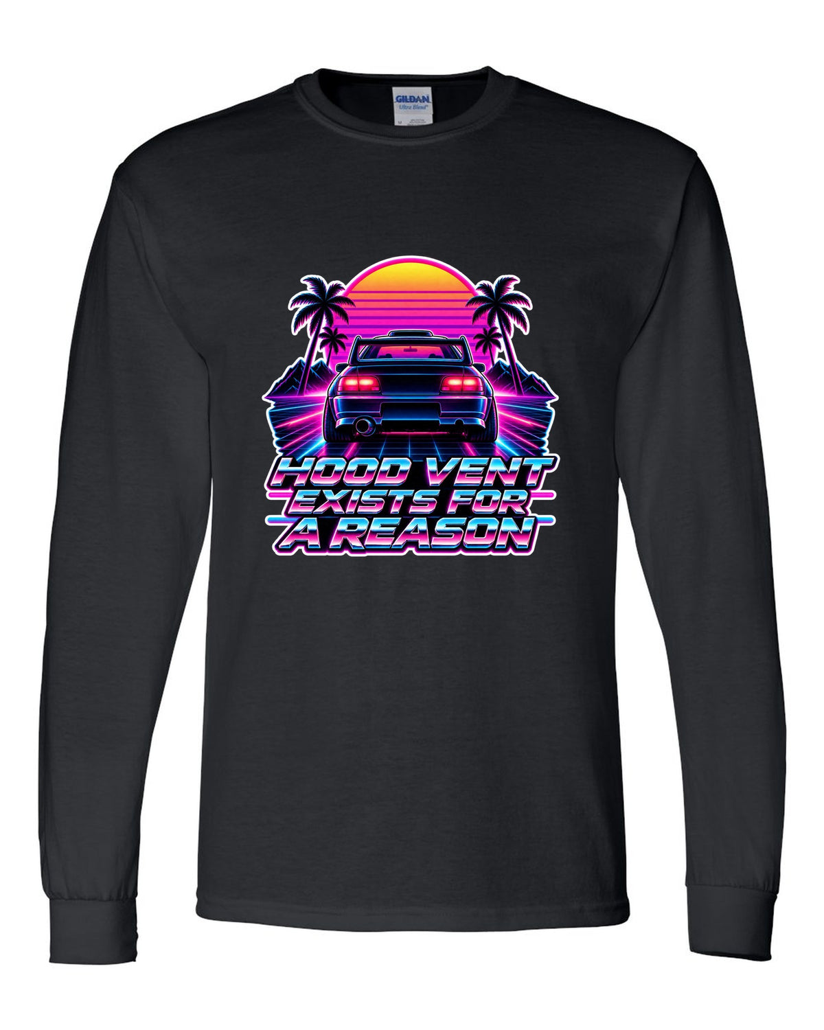 Synthwave outrun illustration of a Toyota Celica GT-Four ST205 with hood vent lettering black long sleeve front view with the design