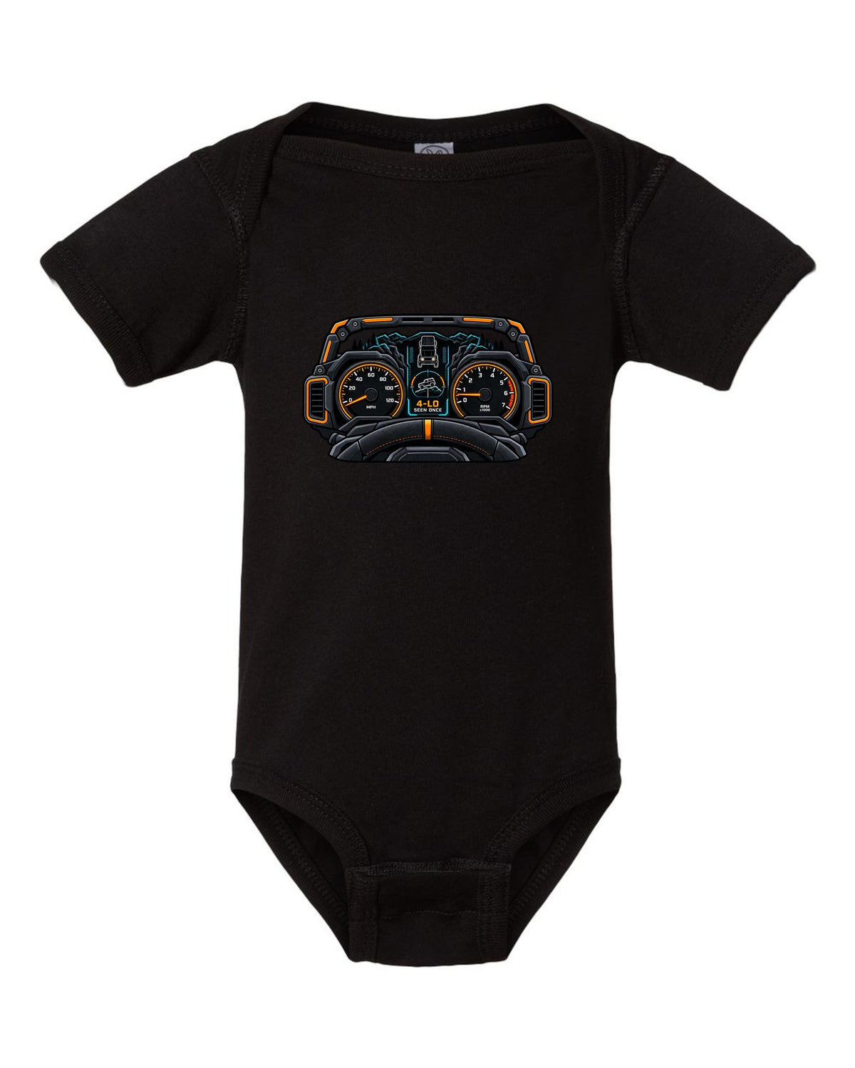 Ford Bronco 6G U725 gauge cluster HUD print black baby onesie front view with the design