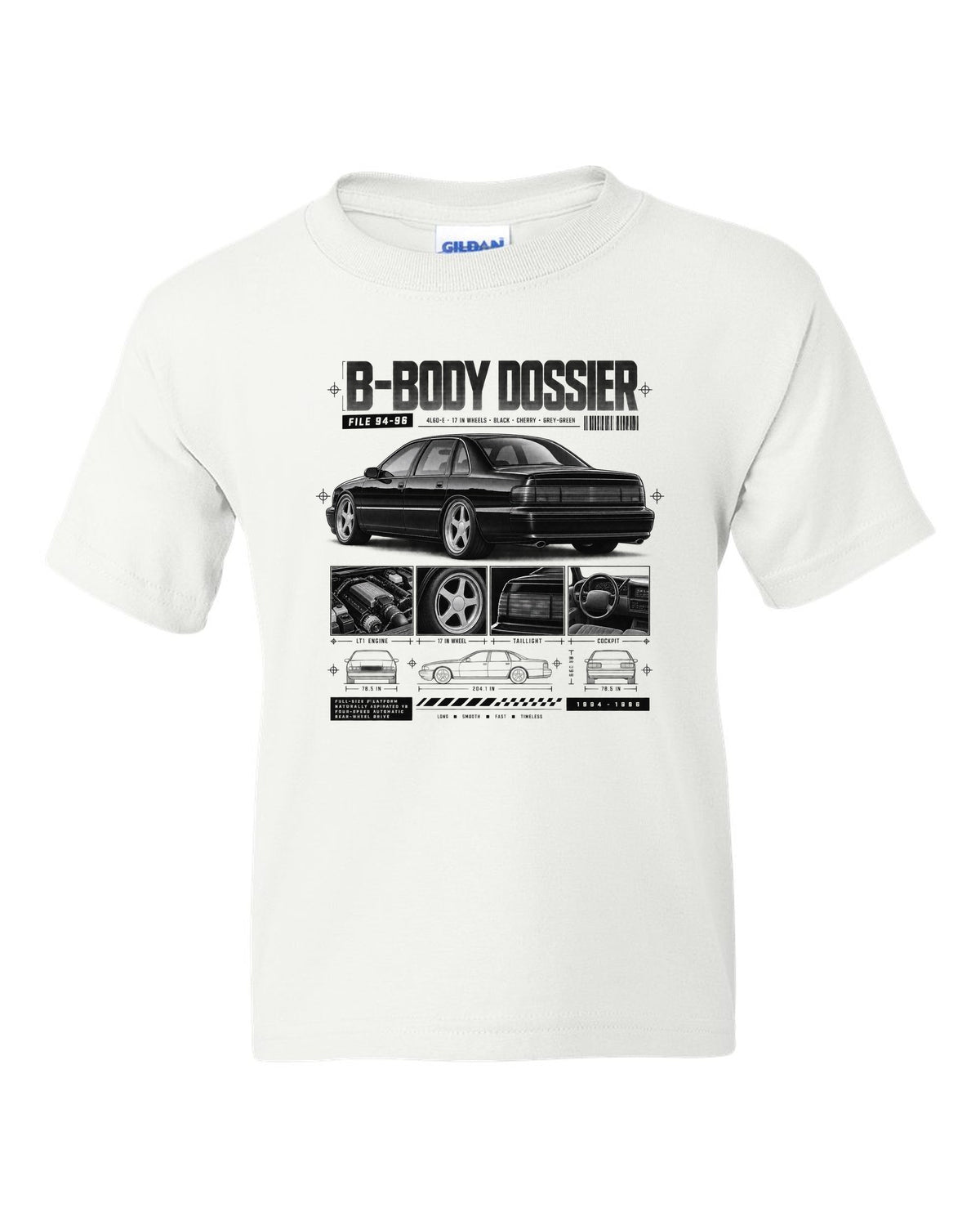 1994-96 Impala SS B-body dossier panels print with 4L60-E and wheel notes white kids tee front view with the design