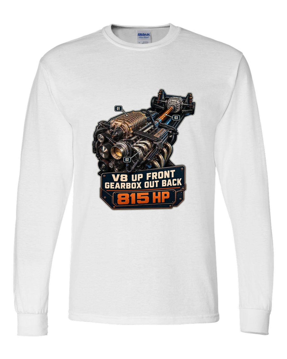 print of a Mustang GTD supercharged V8 engine with V8 up front gearbox out back text white long sleeve front view with the design