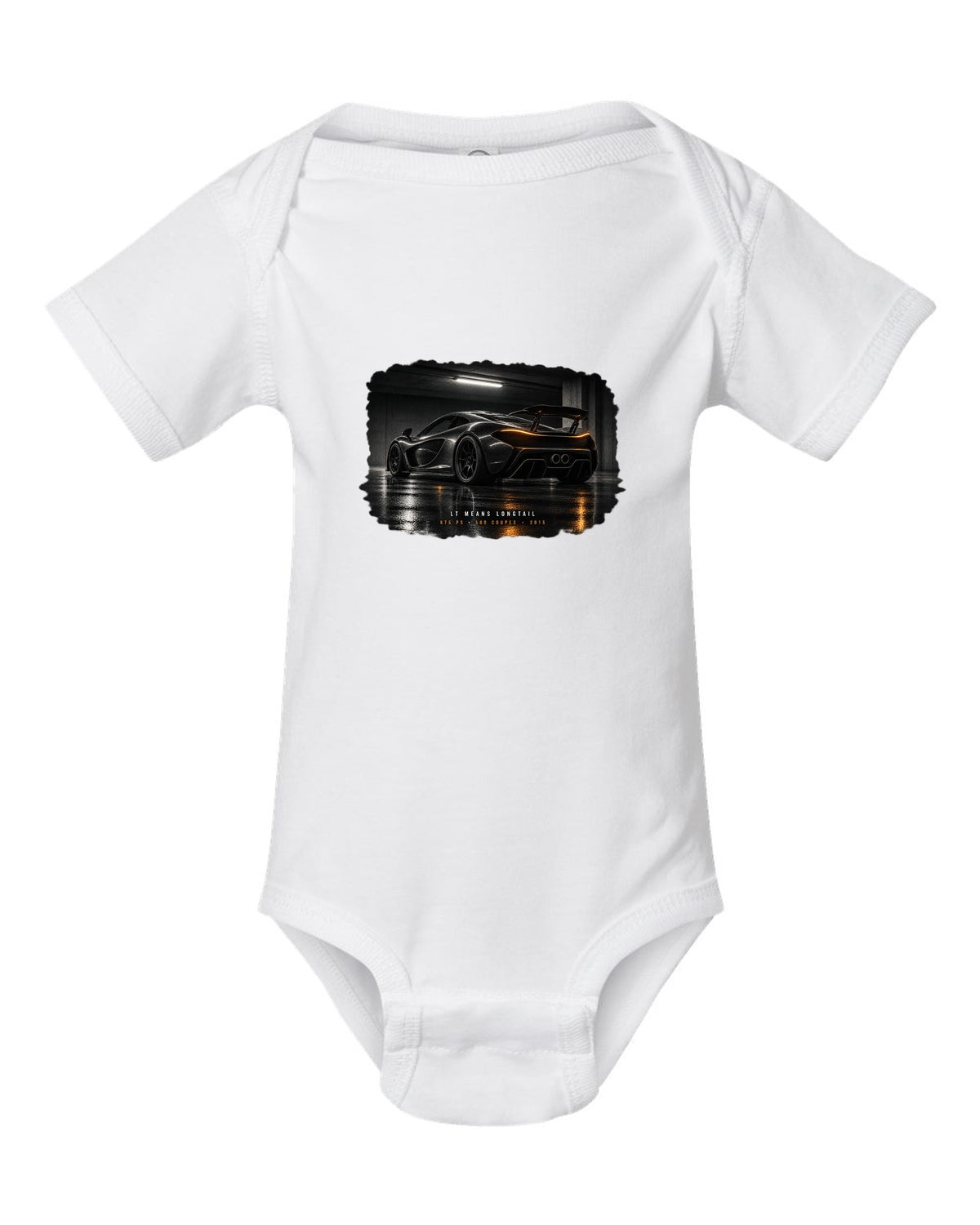 Garage night print of a 2015 McLaren 675LT with Longtail and 500 coupes text white baby onesie front view with the design