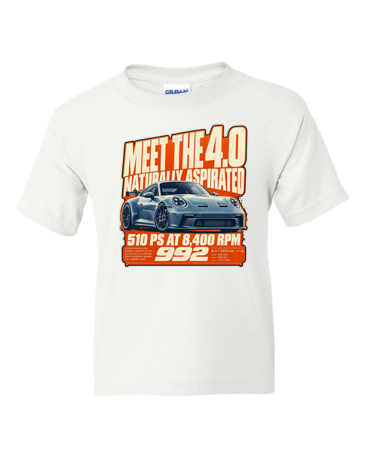 Porsche 992 GT3 halftone statement print design white kids tee front view with the design