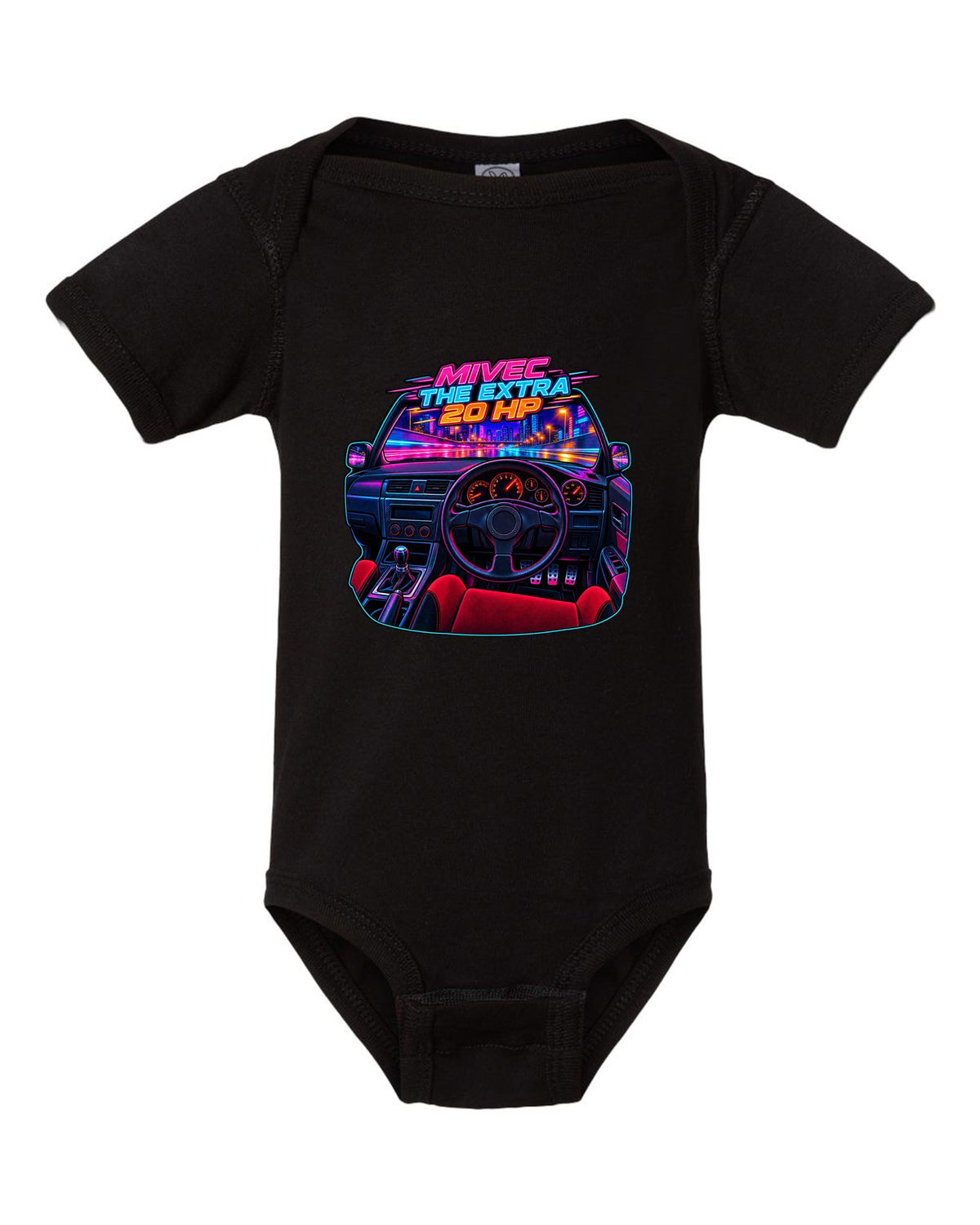 Neon cyberpunk gauge cluster cockpit of a Mitsubishi Lancer Evolution IX MR black baby onesie front view with the design