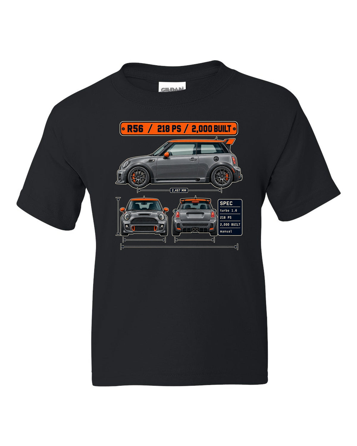 Three-view and spec table print for the Mini JCW GP R56 2012 with 2,000 built text black kids tee front view with the design