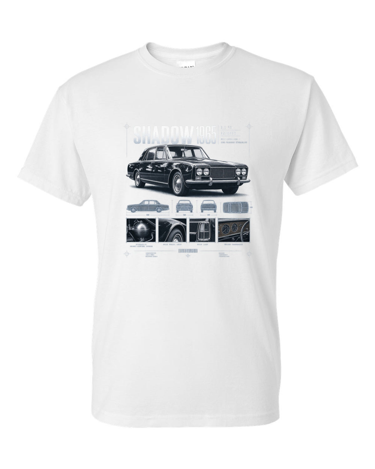 Rolls-Royce Silver Shadow 1965 dossier panels about hydraulics white t-shirt front view with the design
