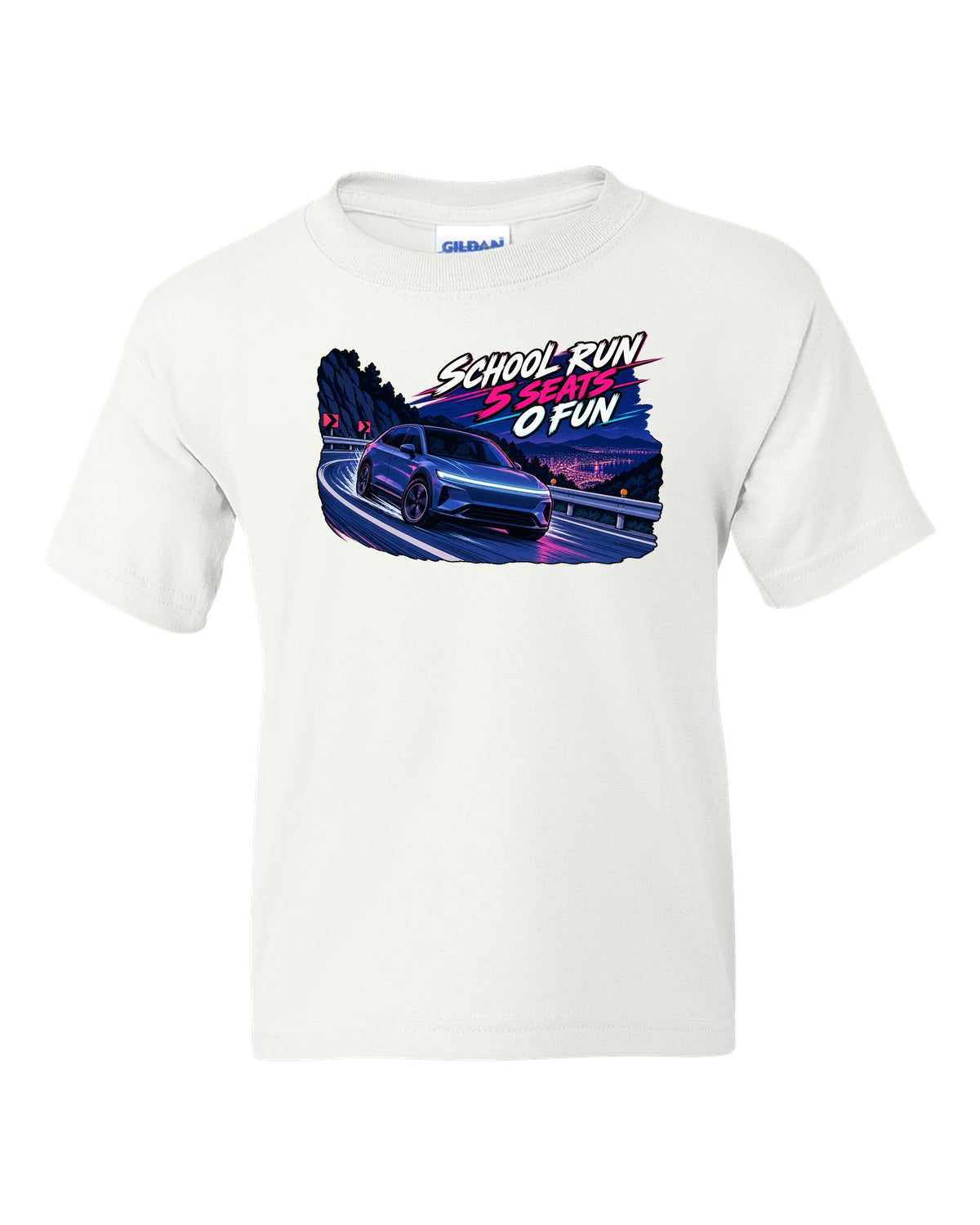 Cel-shaded 90s anime night touge print of a Tesla Model Y Juniper reading School Run 5 Seats 0 Fun white kids tee front view with the design