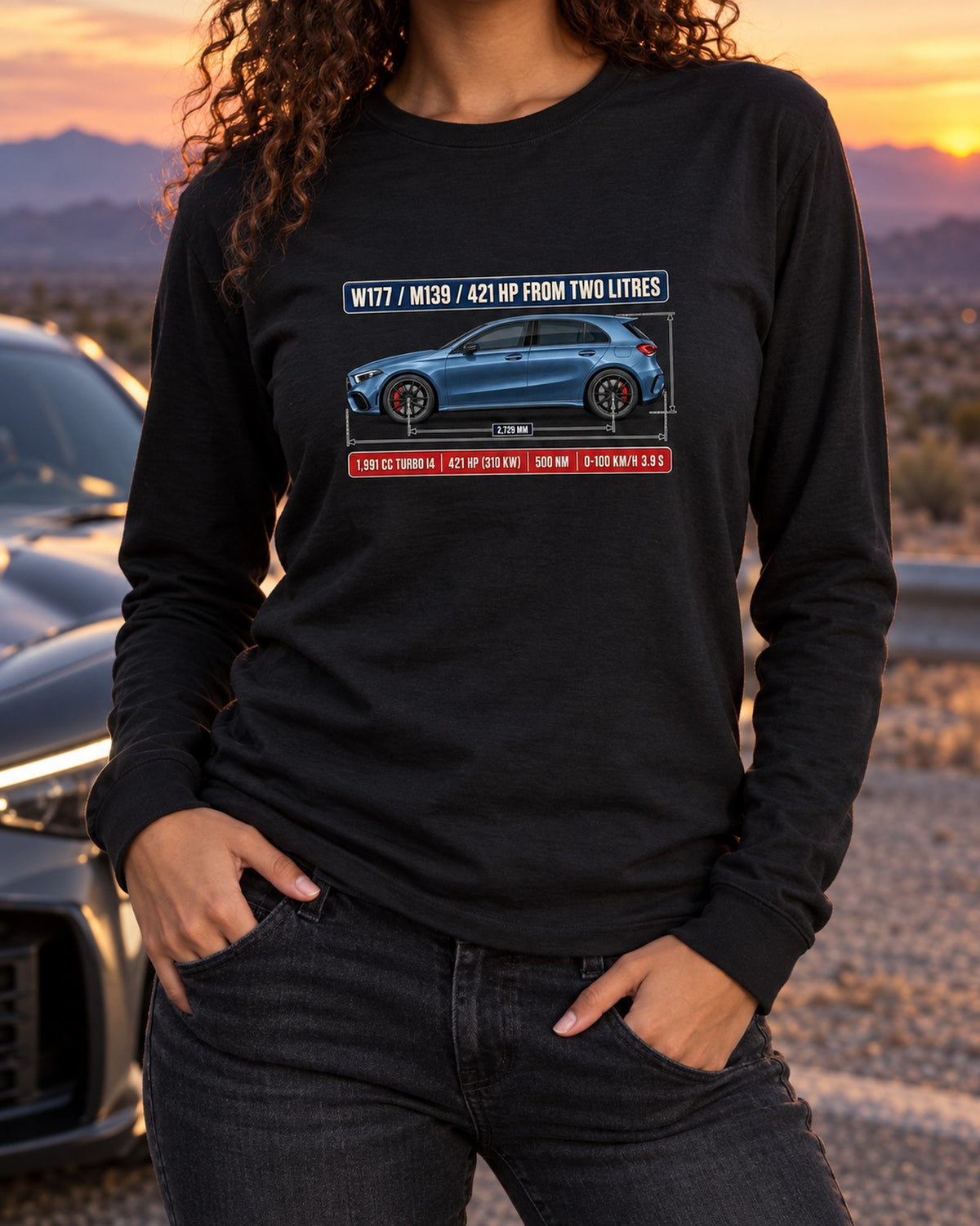 Mercedes-AMG A45 S W177 Dimension Blueprint Shirt Long Sleeve Black worn hero