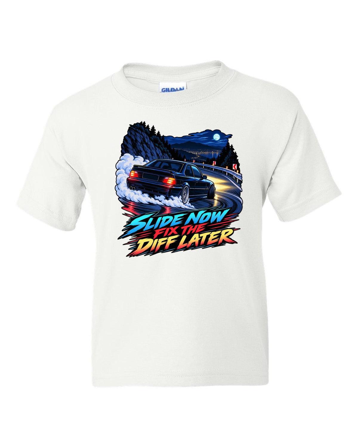 Spec sheet print of a BMW E36 M3 coupe with S50B32 3,201 cc 321 HP text white kids tee front view with the design