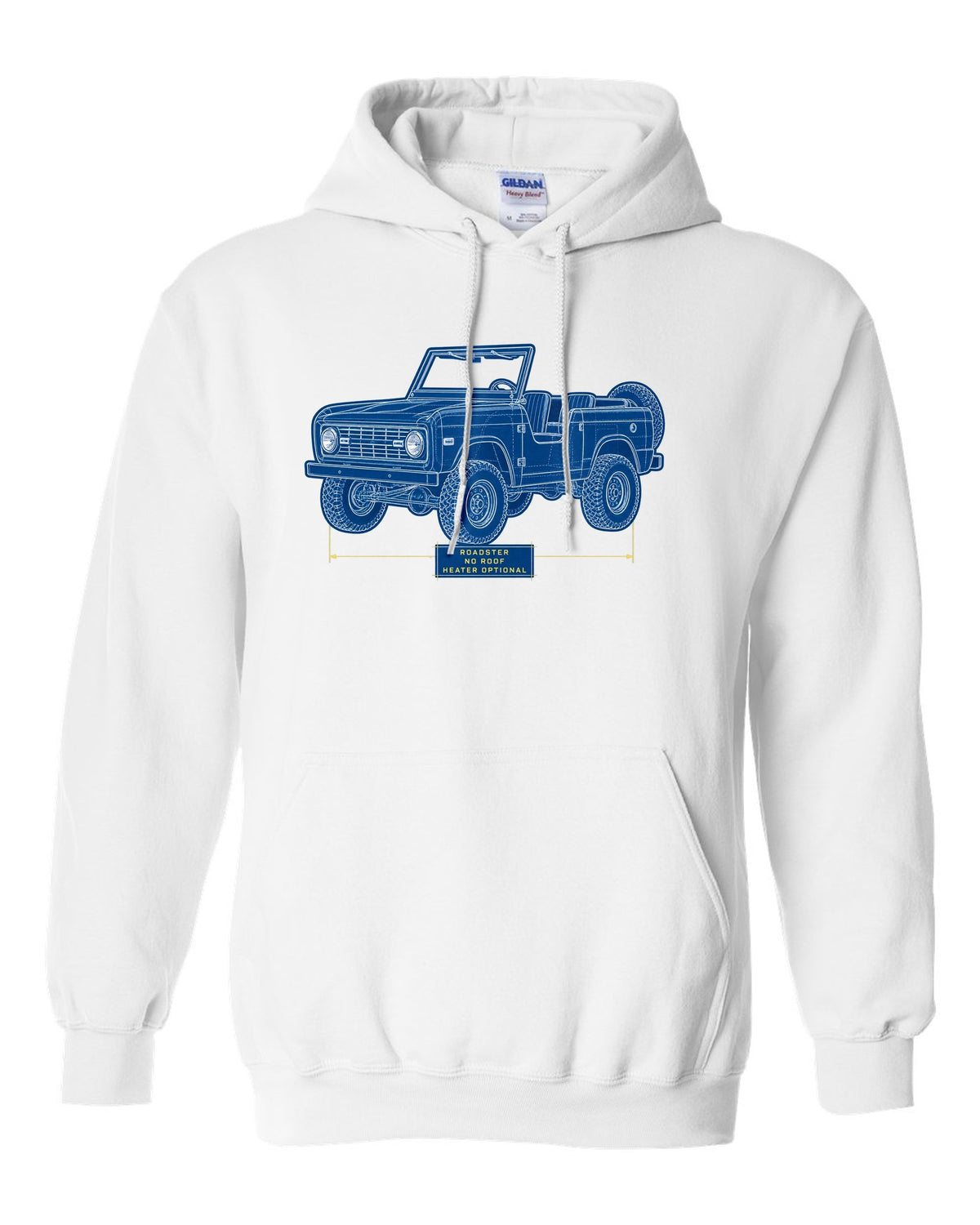 Cyanotype plan-view blueprint of a 1966 Ford Bronco U13 roadster on a trail map with NO ROOF lettering white pull over hoodie front view with the design