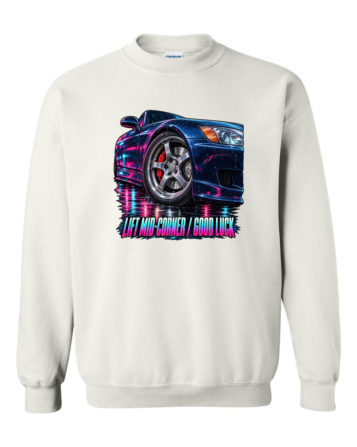 Cinematic macro painting print of a Honda S2000 AP1 cornering with lift mid-corner good luck text white crewneck front view with the design
