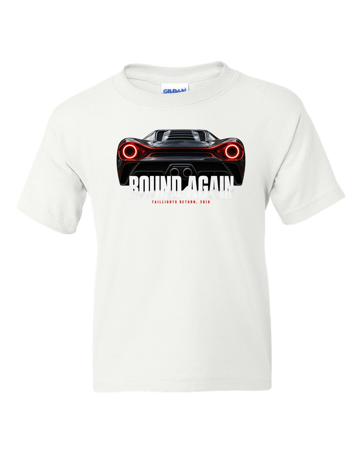 Macro print of Ferrari F8 Tributo round taillights with the text Round Again, Taillights Return, 2019 white kids tee front view with the design